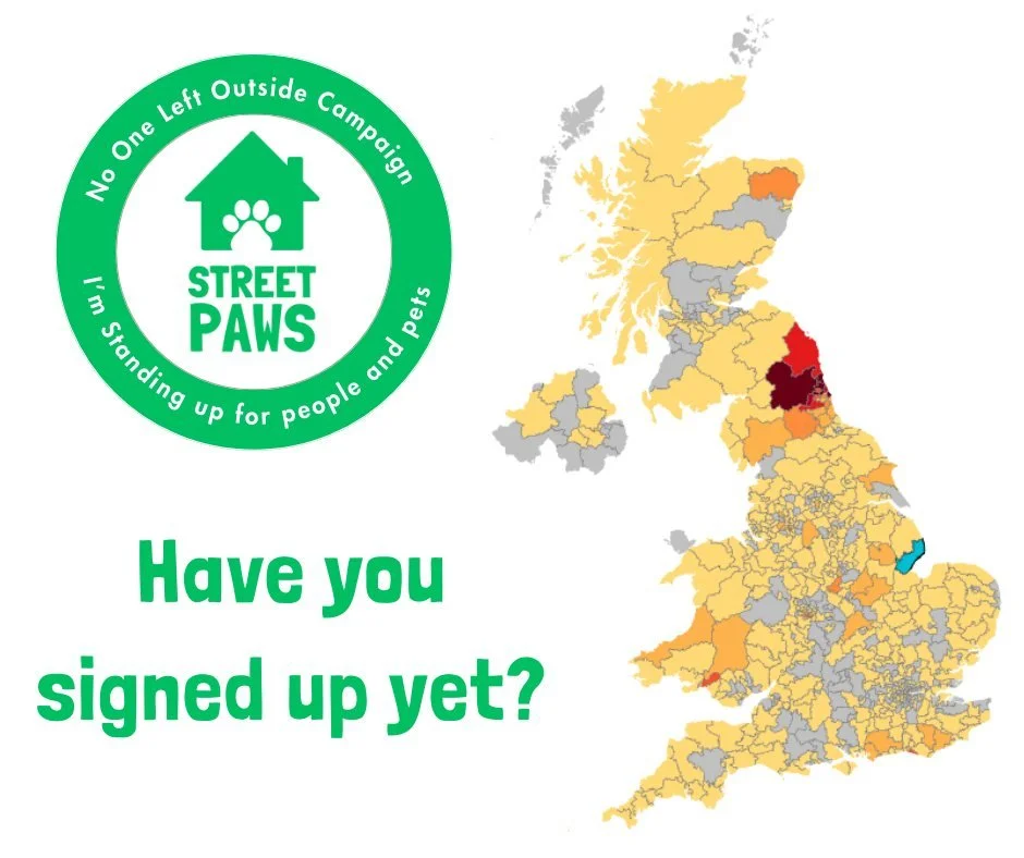 Our petition map tells a powerful story.

Across the UK, over one thousand people have already added their name to call for pet-friendly homelessness and housing policies - but there are still many areas where voices are missing.

If your town hasn&r