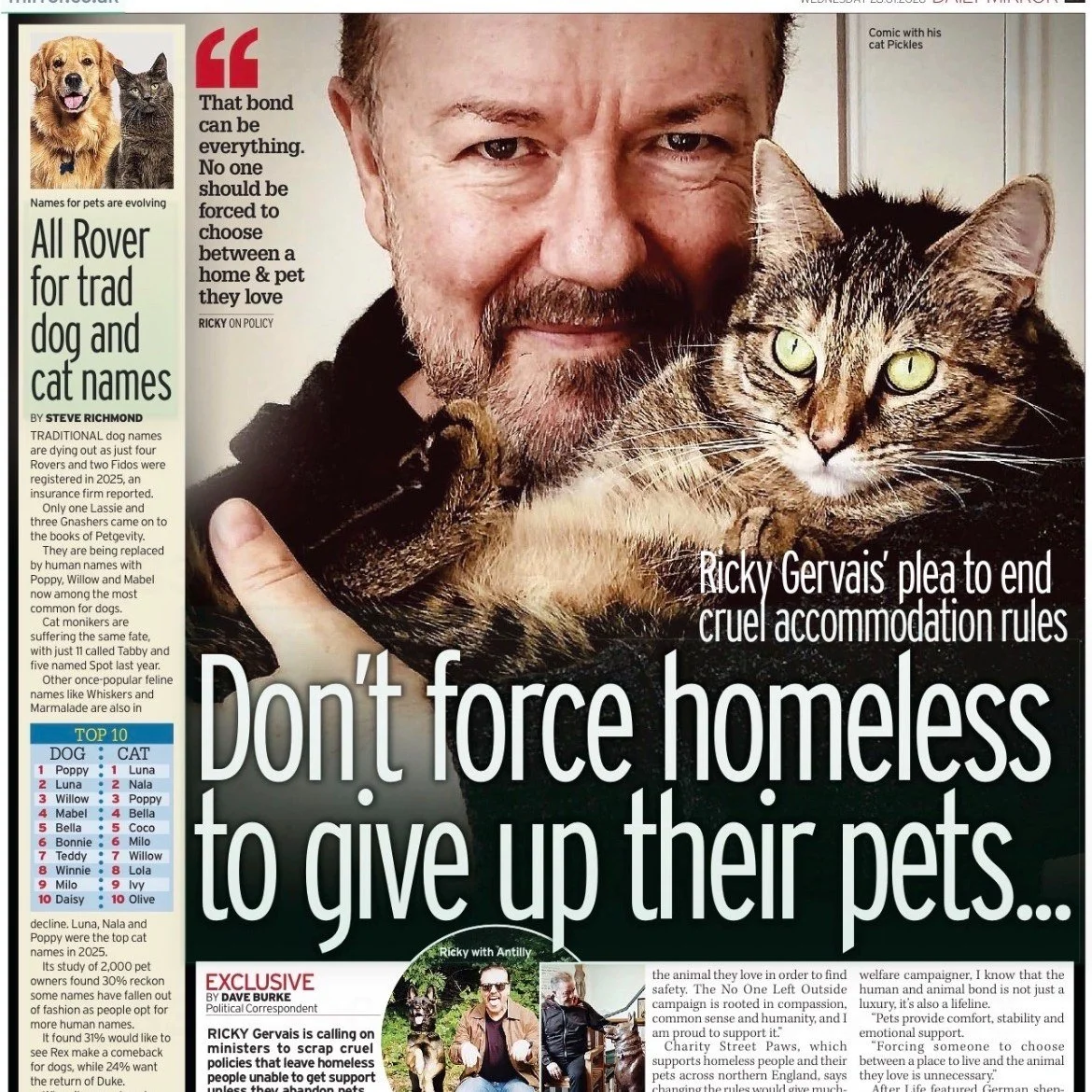 We&rsquo;re grateful to Ricky Gervais and Peter Egan for backing Street Paws&rsquo; No One Left Outside campaign and using their voices to help shine a light on an issue we see every single day.

At Street Paws, we have long been calling for an end t