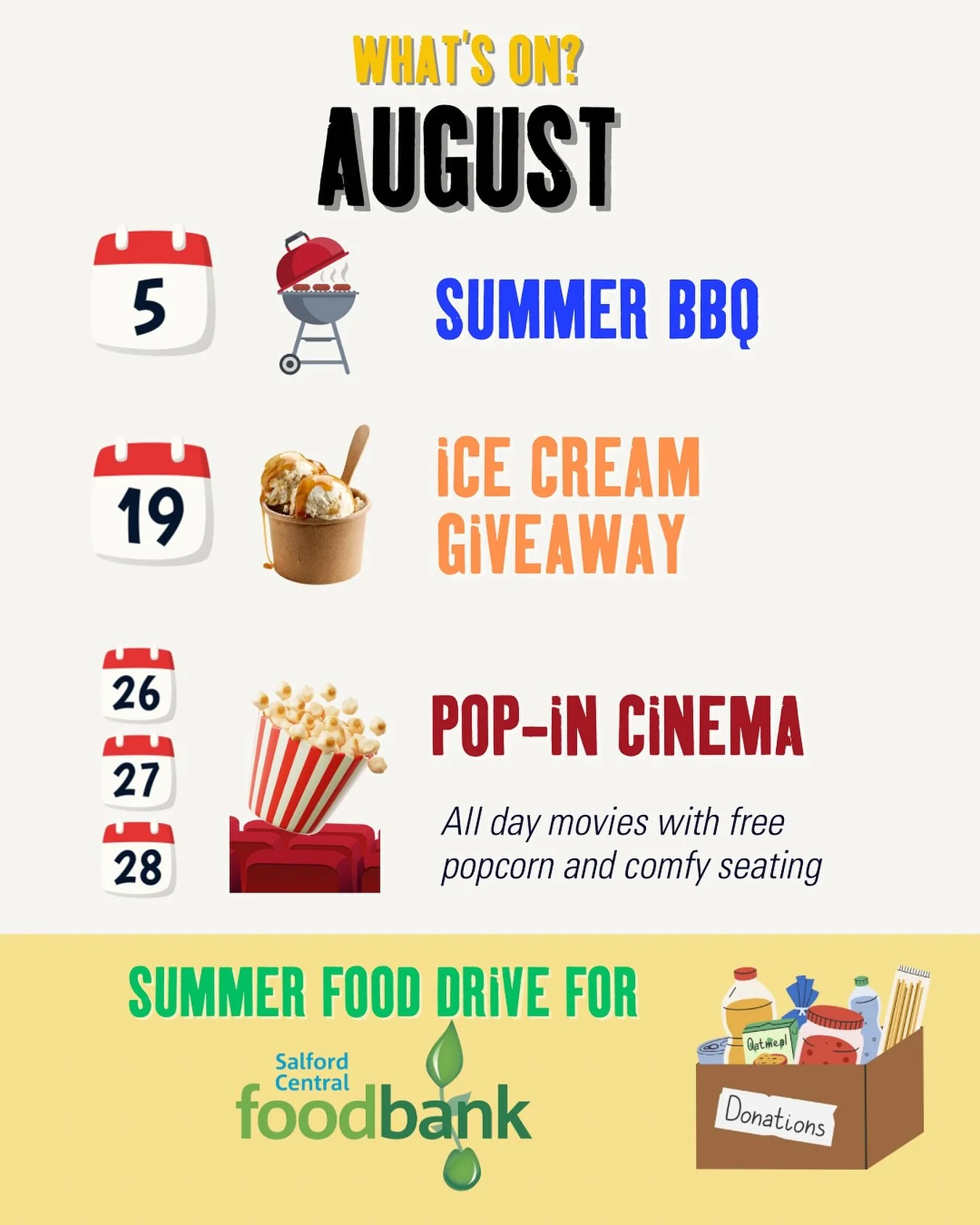 ☀️ WHAT&rsquo;S ON THIS AUGUST? 🍿🍦🔥

Mark your calendars &mdash; we&rsquo;ve got a summer packed with treats, films, and feel-good vibes! 💛

🗓️ 5th &mdash; SUMMER BBQ
🗓️ 19th &mdash; ICE CREAM GIVEAWAY 🍨
Choose 3 of 11 decadent toppings and dr