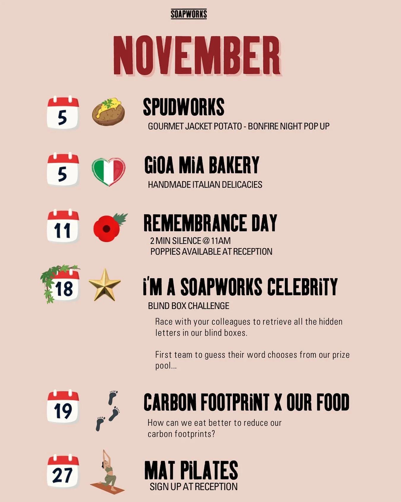 What&rsquo;s On This November at Soapworks

🥔 5 Nov &ndash; Spudworks &amp; Gioa Mia Bakery
Start the month with comforting flavours from Spudworks, serving gourmet jacket potatoes, and Gioa Mia Bakery, offering handmade Italian delicacies at our Bo