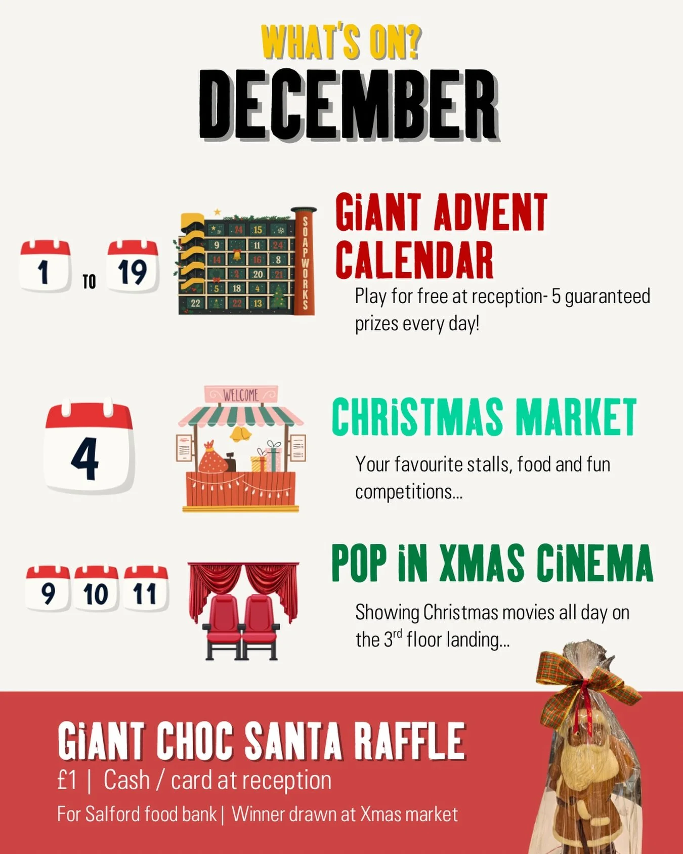 ✨ Festive fun has officially arrived at Soapworks ✨

December is full of cosy treats, Christmas cheer and plenty of chances to win something lovely&hellip;

🎄 Giant Advent Calendar
1 to 19 December
From 8am every morning at reception
Play once per p