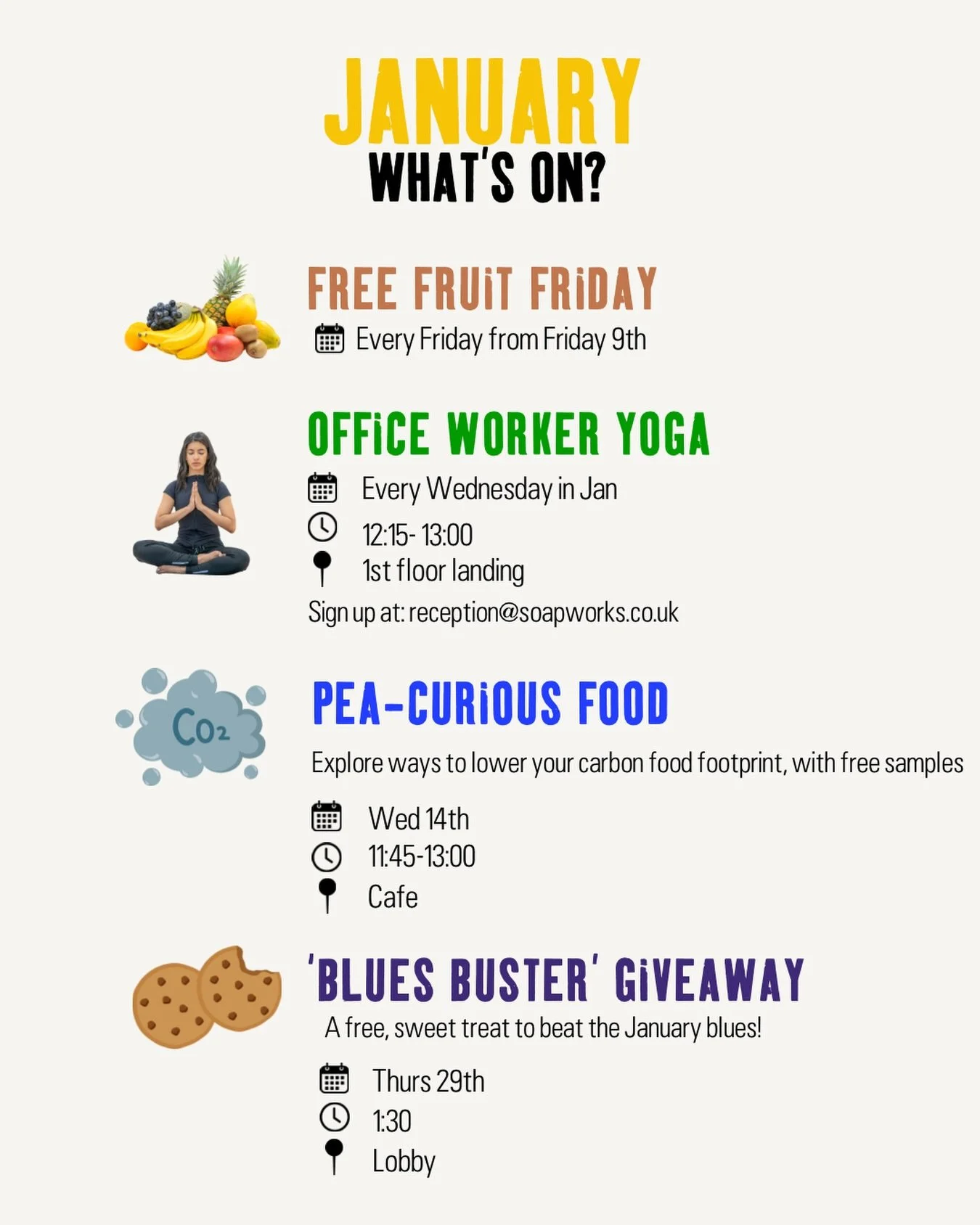 January at Soapworks is all about wellness ✨

We&rsquo;re starting the year with a month of simple moments designed to help you feel good, at work and beyond.

Free Fruit Friday is back every Friday AM in the lobby 🍌🍎

Our Yoga for Office Workers s