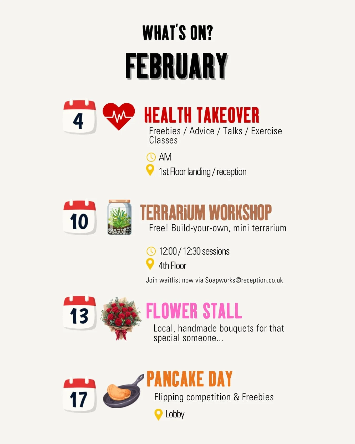 February&rsquo;s looking busy 👀✨

Here&rsquo;s what&rsquo;s coming up at Soapworks this month*
*All events are for Soapworks tenants only

❤️ 4 Feb | Health Takeover
Freebies, advice, talks and exercise classes to get you feeling good, hosted by @cs