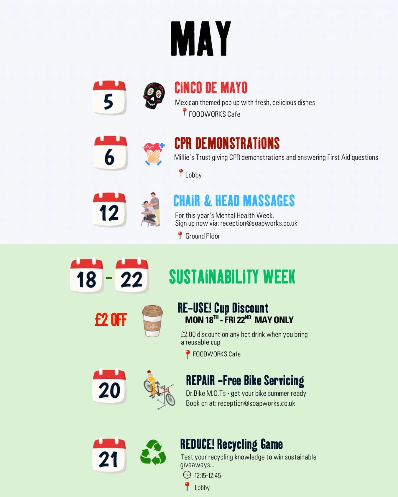 May is packed with ways to get involved &mdash; here&rsquo;s what&rsquo;s coming up 👇

5️⃣ 5 May | FOODWORKS Caf&eacute;
🌮 Cinco de Mayo Pop-Up
Fresh, Mexican-inspired dishes

6️⃣6 May | Lobby
⛑️ CPR Demonstrations
Millie&rsquo;s Trust will be on h