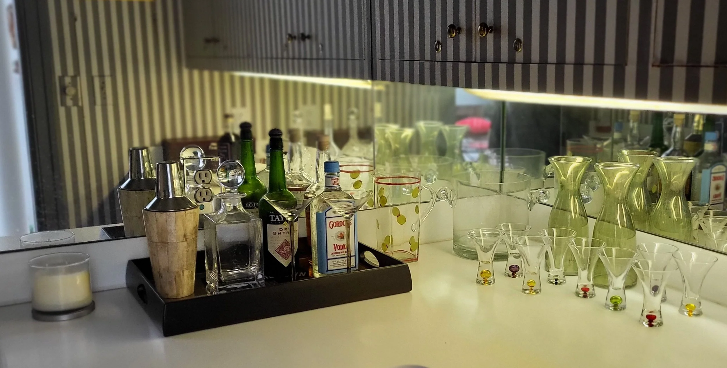 Bar tray with ingredients for sherry martini