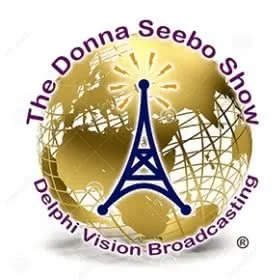 Logo for The Donna Seebo Show, a Delaware Valley Vision Broadcasting program, featuring a gold globe with grid lines, a blue Eiffel Tower, and purple text circling the image.