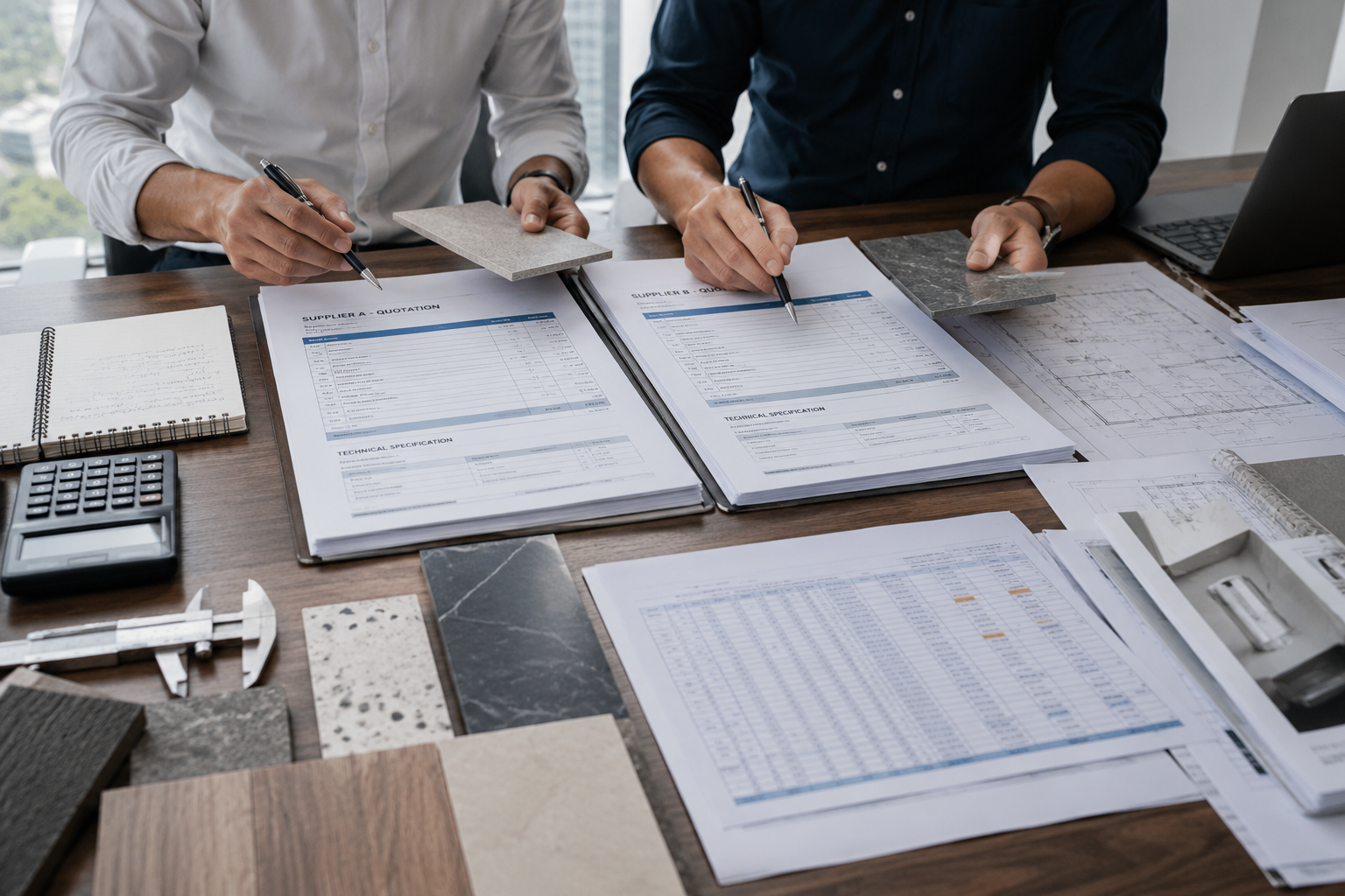 Construction procurement review comparing supplier quotations, technical specifications and material samples