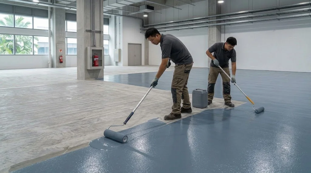 Professional polyurethane floor coating application