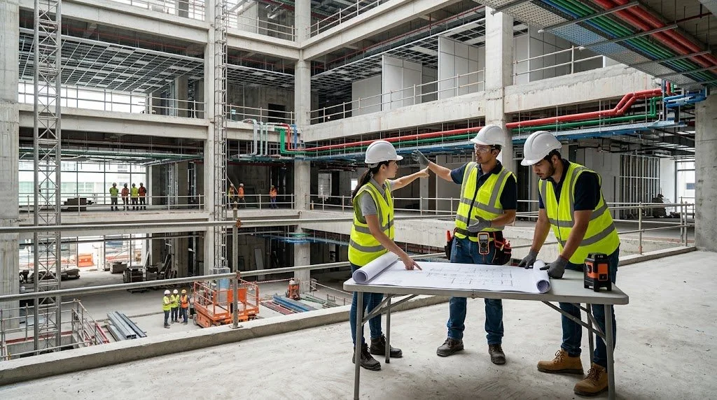 Project team coordinating multiple construction disciplines on site