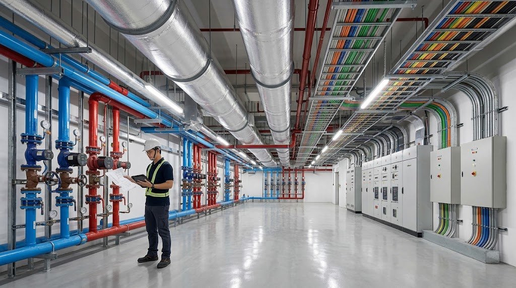 Mechanical and electrical building services plant room
