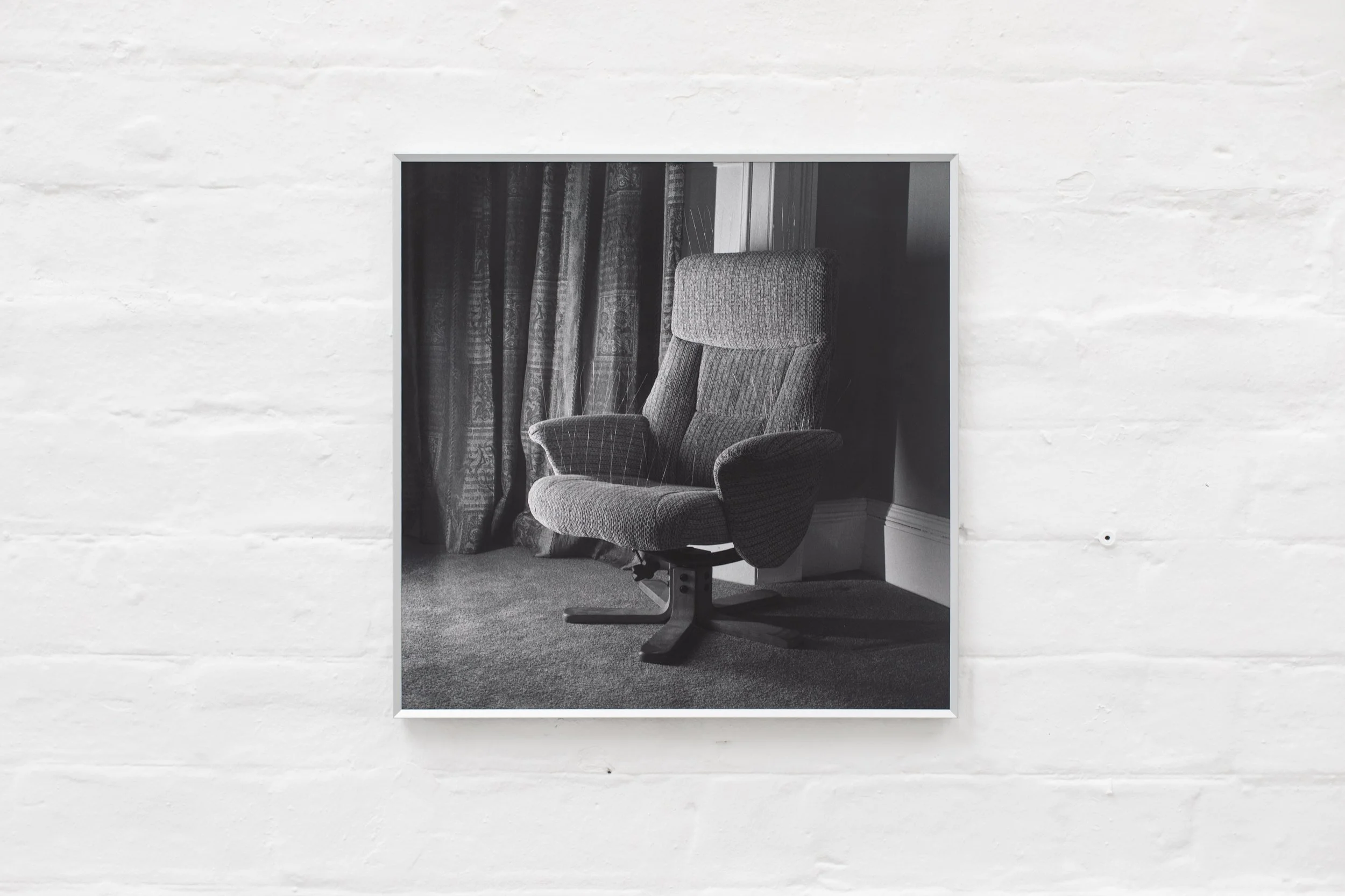 Installation photograph from Glasgow School of Art MFA Interim Show, 2026. Framed inkjet print, 500 x 500mm. 120mm scan.