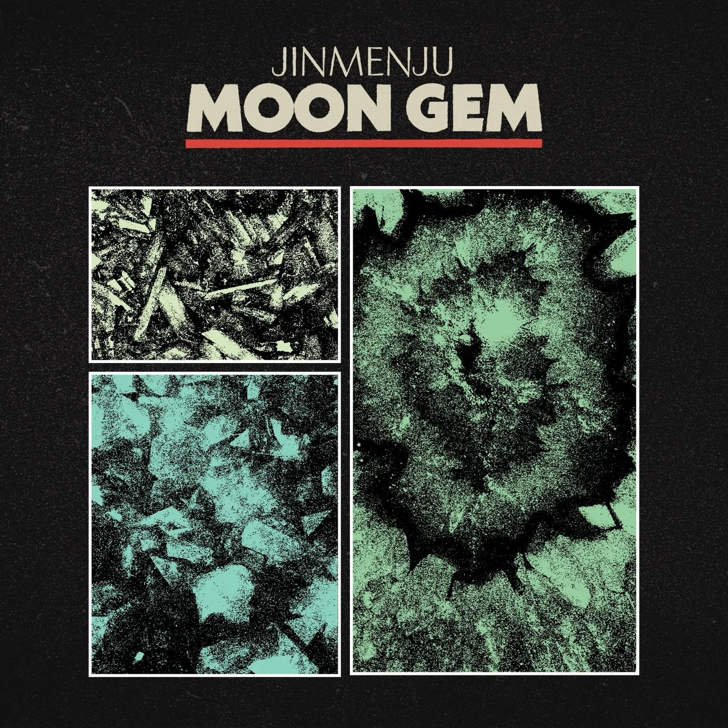 Cover of Jinmenju Moon Gem, featuring a title with three photographs of natural objects or textures in black and green tones.