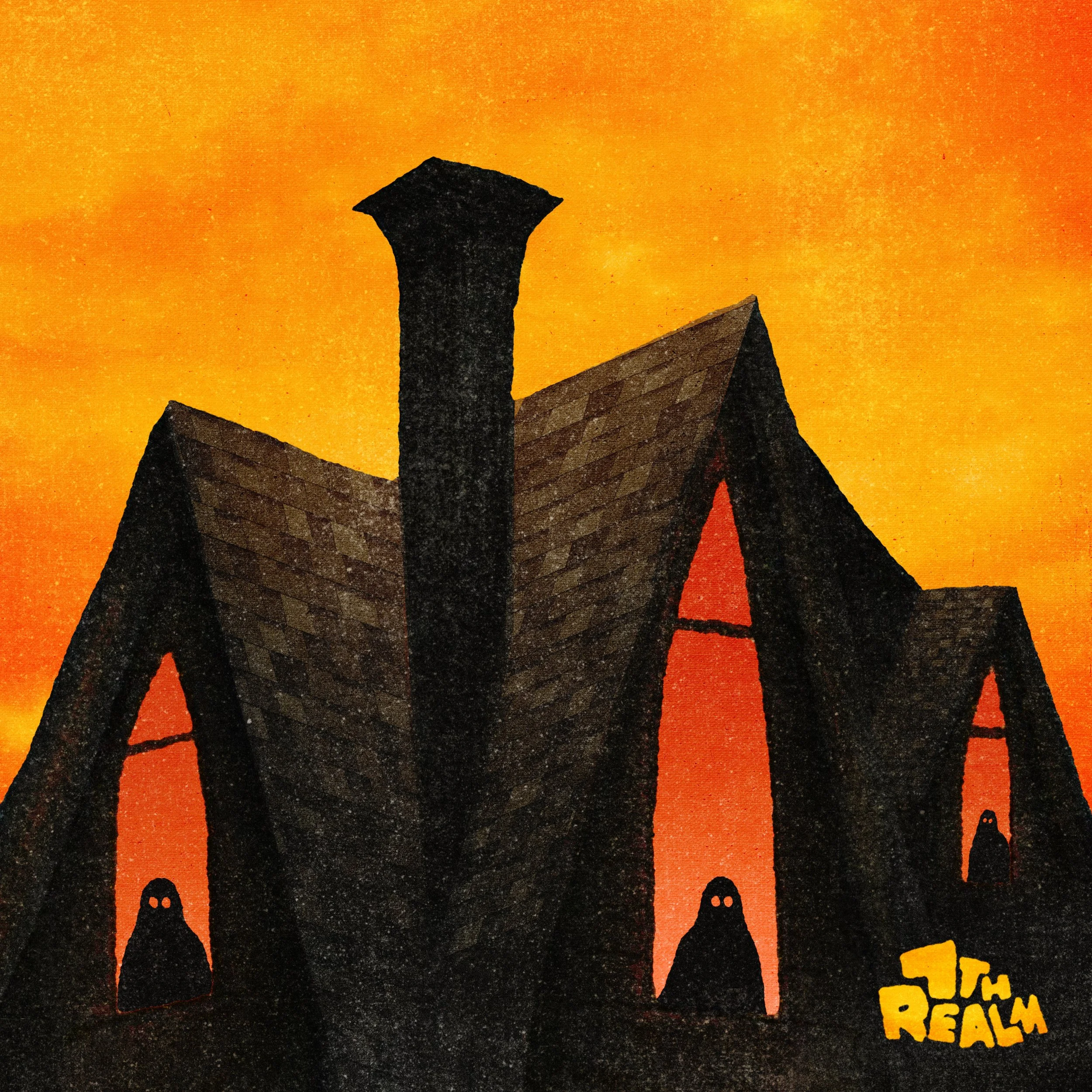 Silhouette of a house with chimneys and small figures of ghosts and a pumpkin against an orange sunset background.