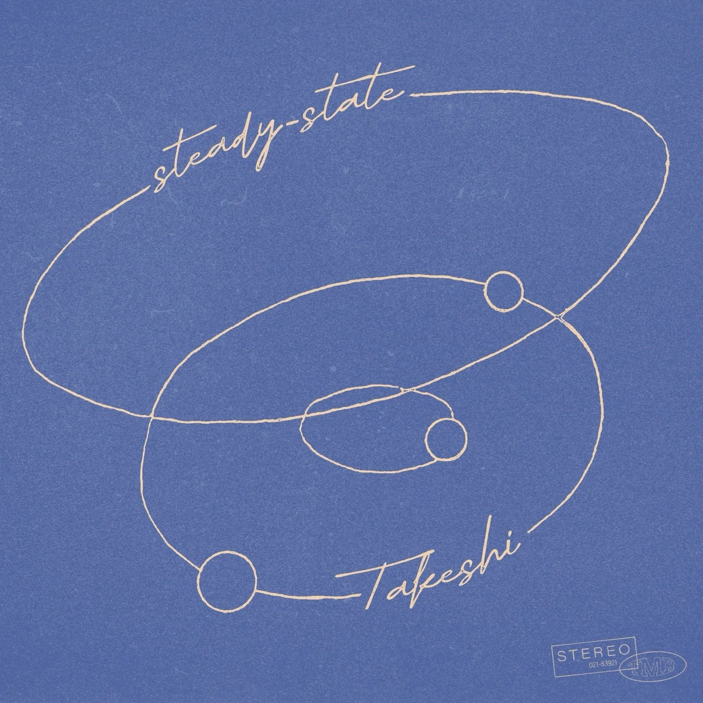Design with the words 'steady-state' and 'Takeshi' connected by a continuous white line forming circles and curves on a blue background.