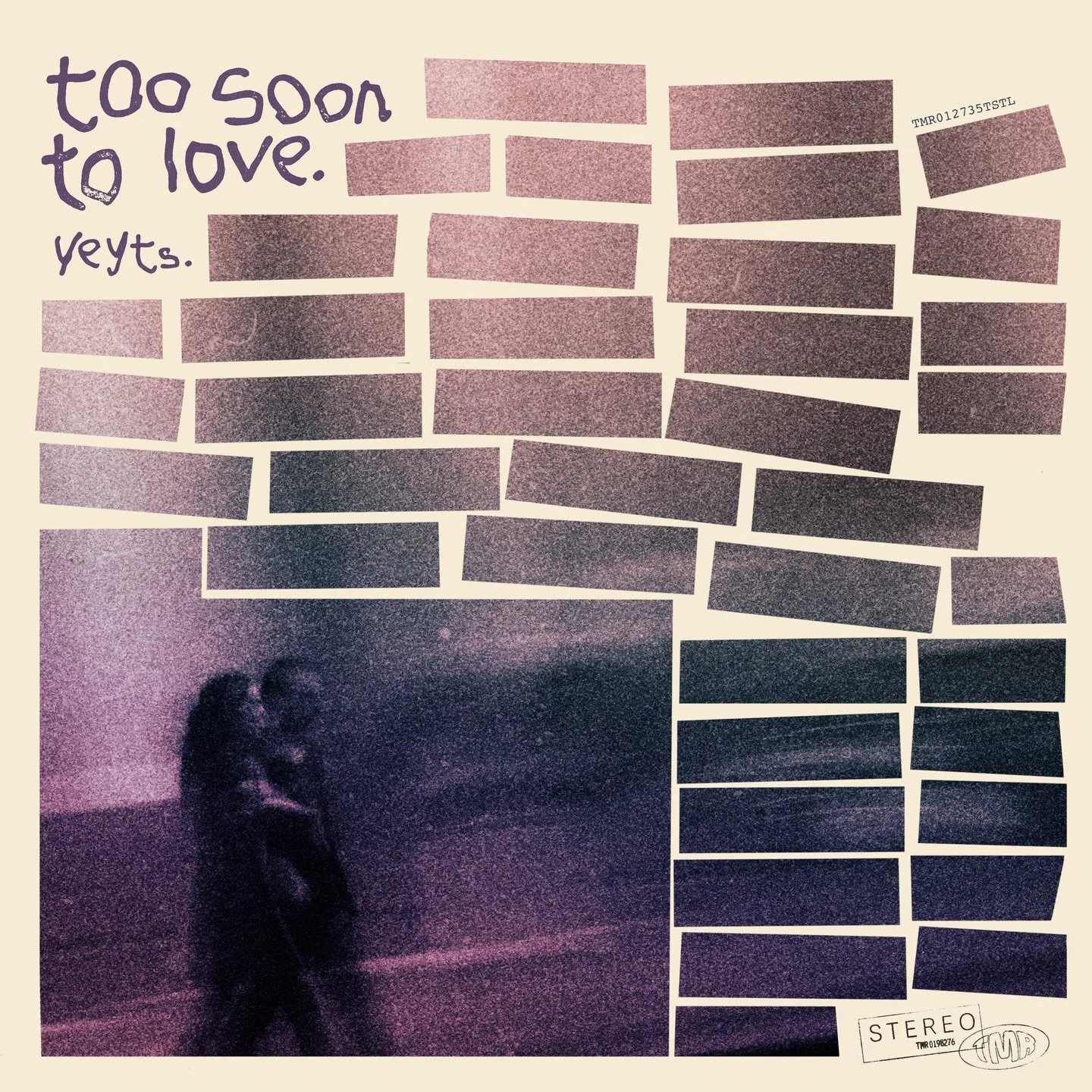 A person walking on a beach at sunset. The image has a textured overlay with a pinkish hue and a quote in the top left corner that says 'too soon to love. yeyts.' The bottom right corner has text 'STEREO' and a logo.