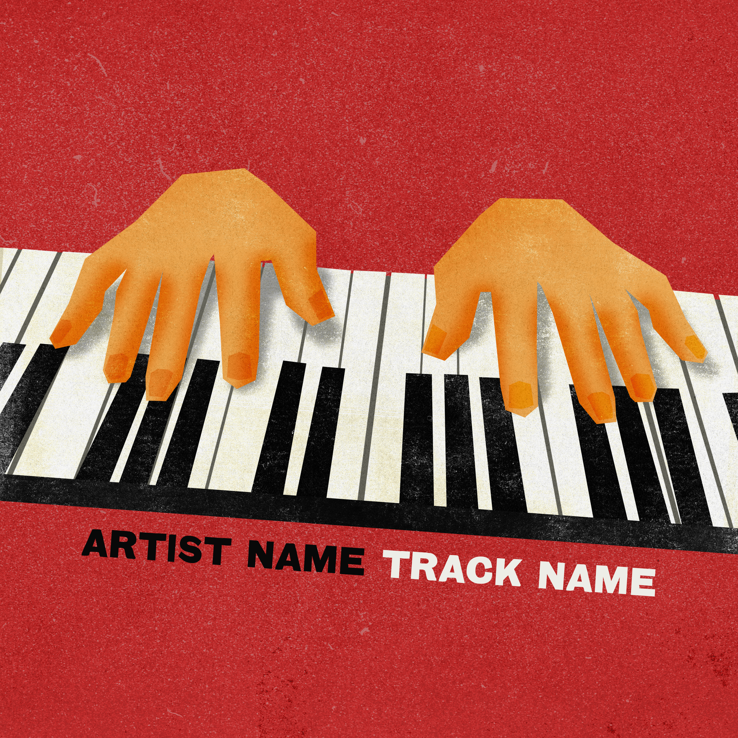 Close-up of a piano keyboard with orange hands playing the keys, set against a textured red background.