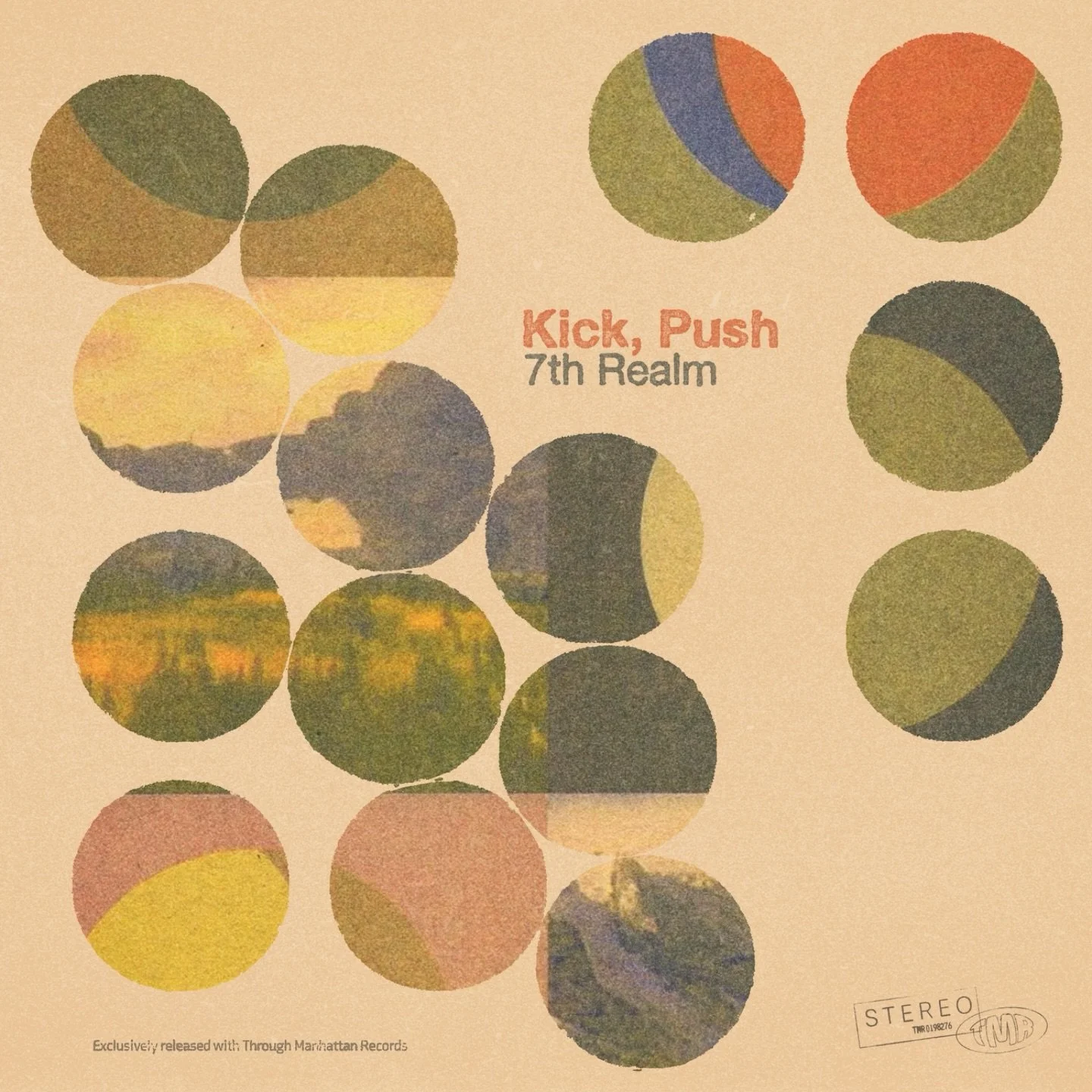 Album cover for 'Kick, Push' by 7th Realm, featuring multicolored circular patterns against a beige background, with a 'STEREO' stamp in the bottom right corner.