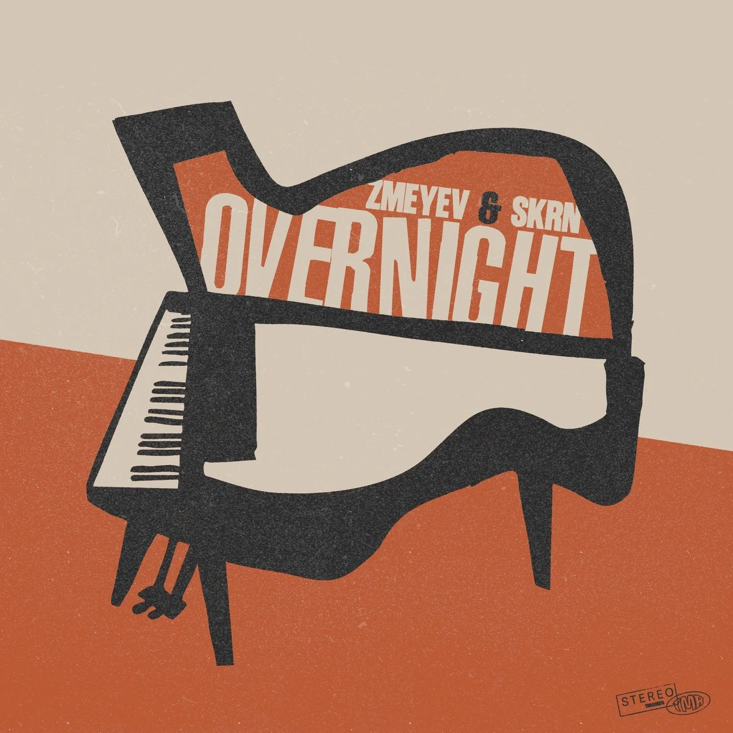 Illustration of a grand piano on a red floor, with the words OverNIGHT, ZMEYEV, & SKRN inside the piano, and the logo 'STEREO TRADING' in the bottom right corner.