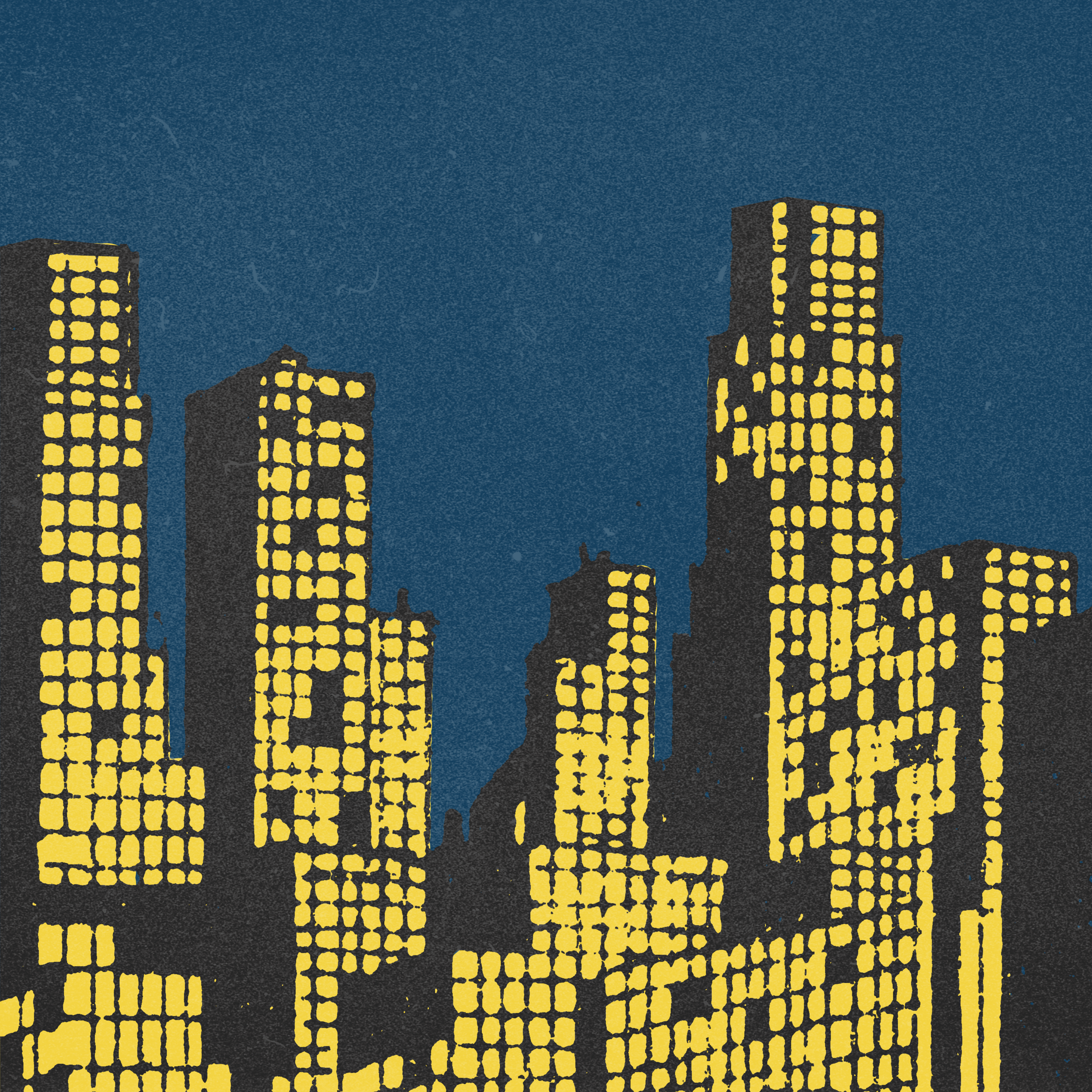Night cityscape with illuminated high-rise buildings against a dark sky.