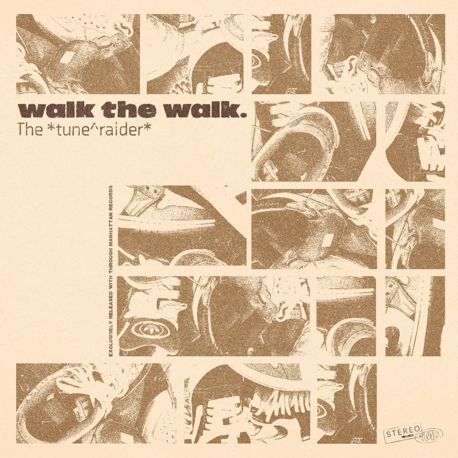 A vintage promotional poster for The Walk the Walk. The text reads "The *tune* raider" and mentions Manhattan Records, with abstract illustrations of musical instruments and a person playing the guitar.