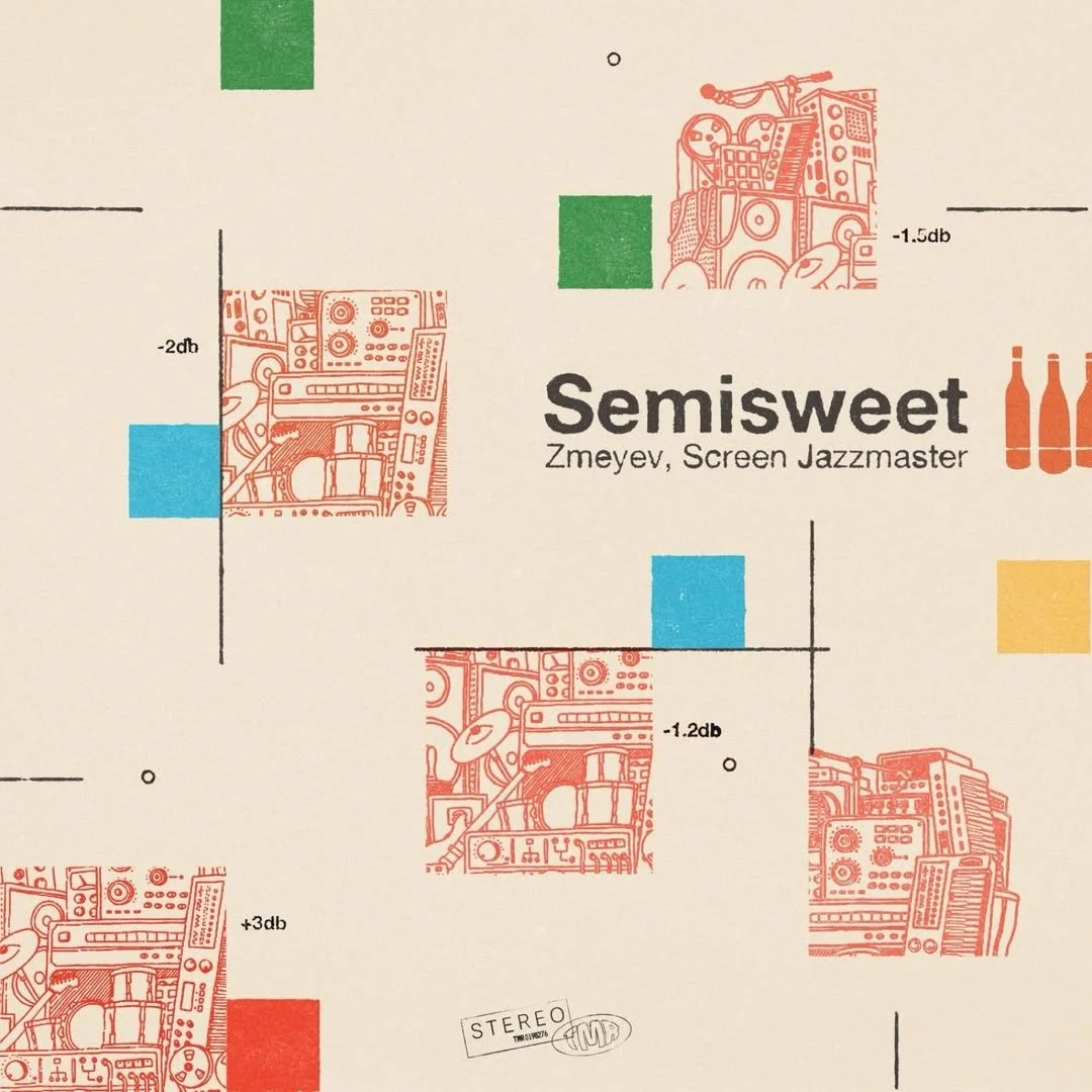 Album cover for Semisweet by Zmeyev, featuring abstract illustrations of musical equipment, colored squares, and text with album details.