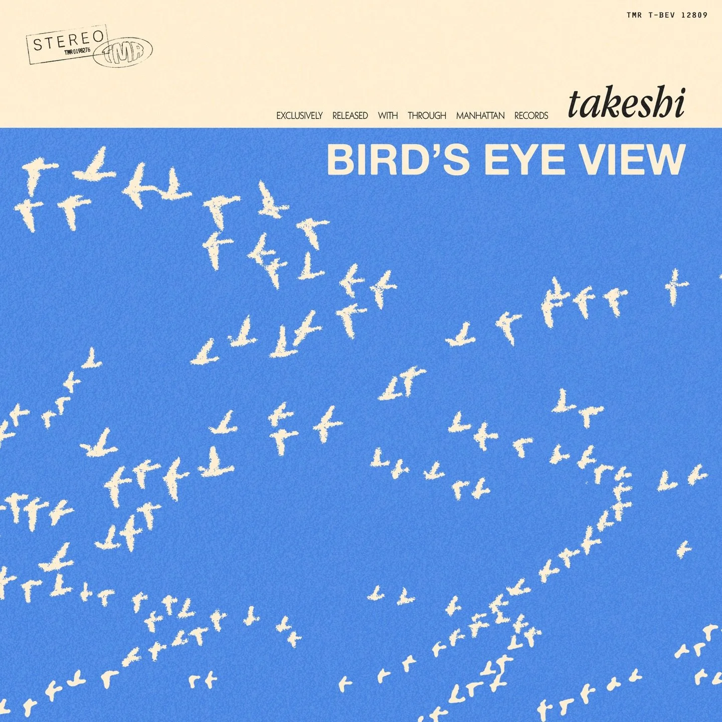 Album cover showing a flock of white birds flying against a blue sky background with the album title 'Bird's Eye View' and the artist name 'takeshi' on the cover.