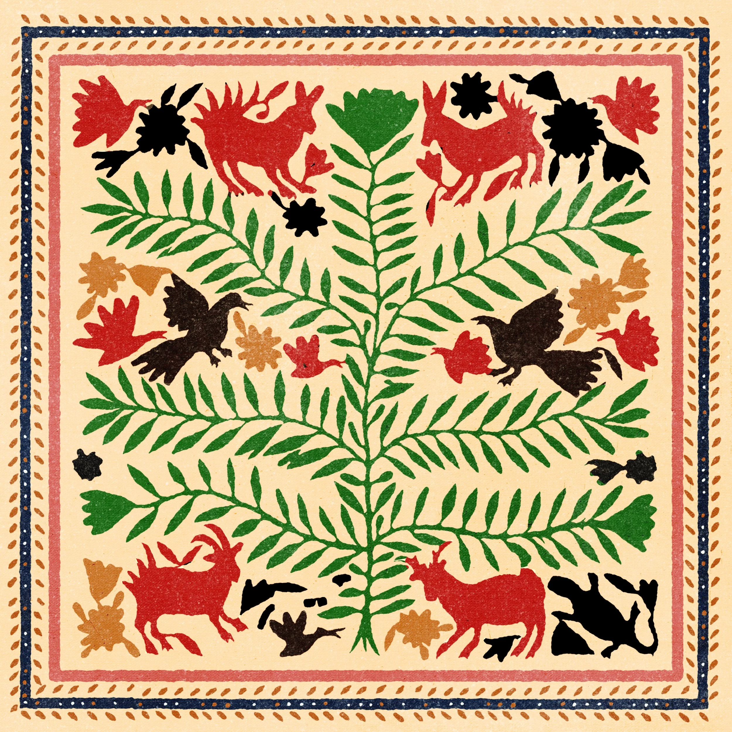 A traditional textile with a beige background featuring a pattern of green leaves, red and black animals resembling birds or deer, and decorative borders in blue, pink, and brown.