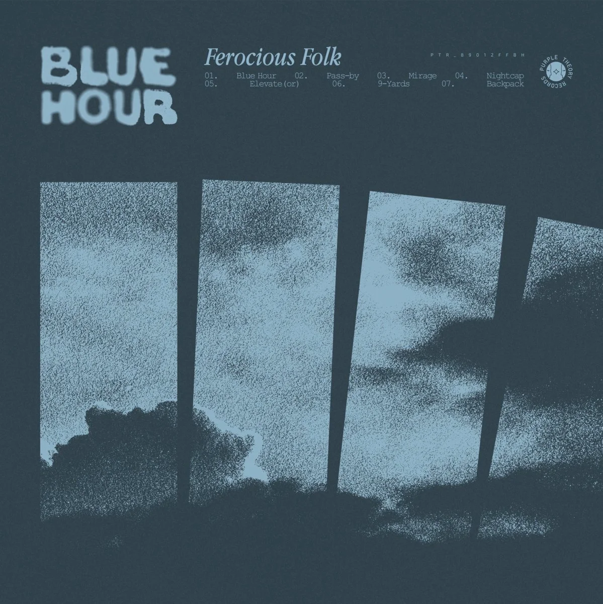 A poster for Blue Hour Ferocious Folk music event featuring a cloudy sky seen through barred windows, with event details at the top.
