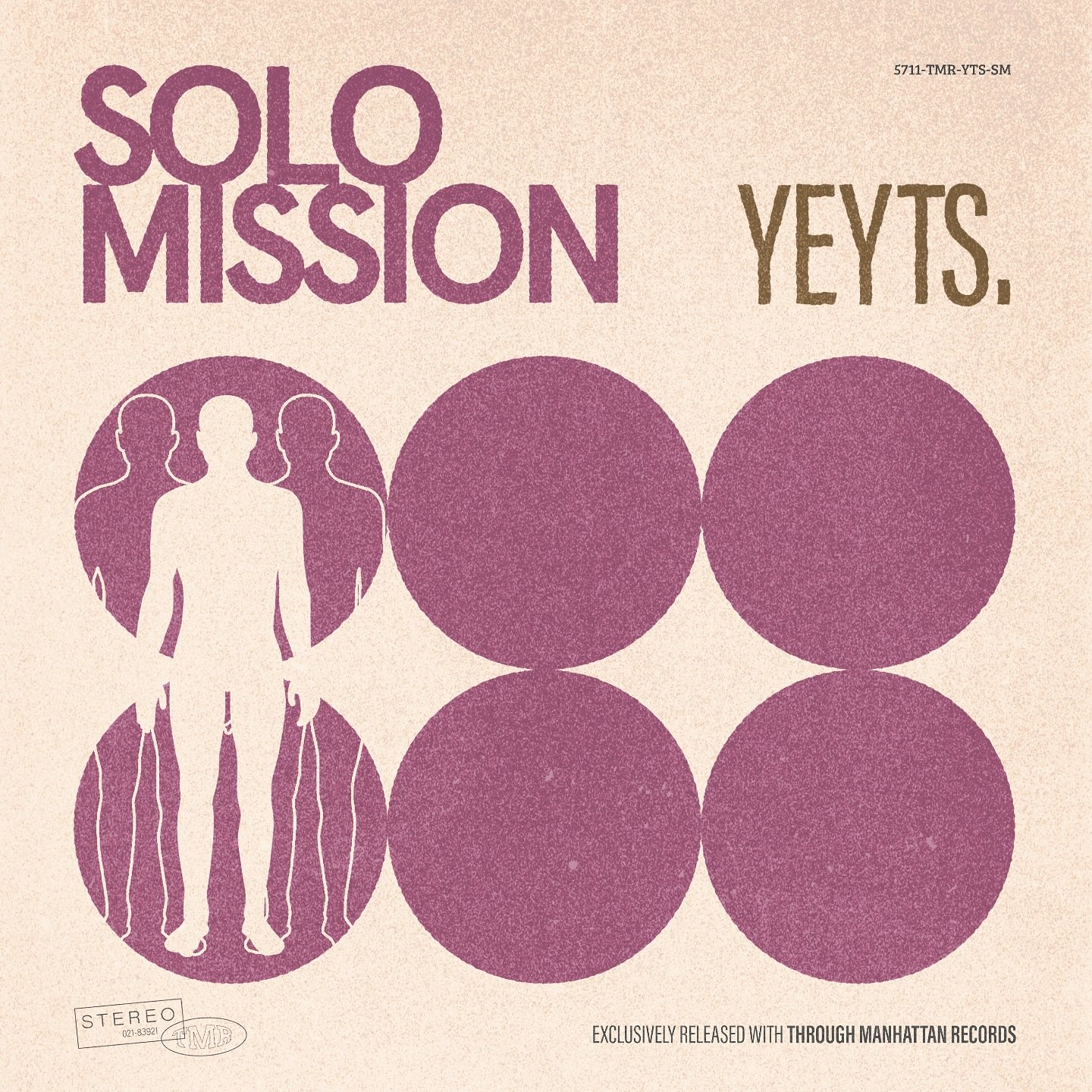Music album cover with purple and beige colors, featuring the text "Solo Mission" and "Yeyts." with a silhouette of a person with three behind them, and a series of circles.