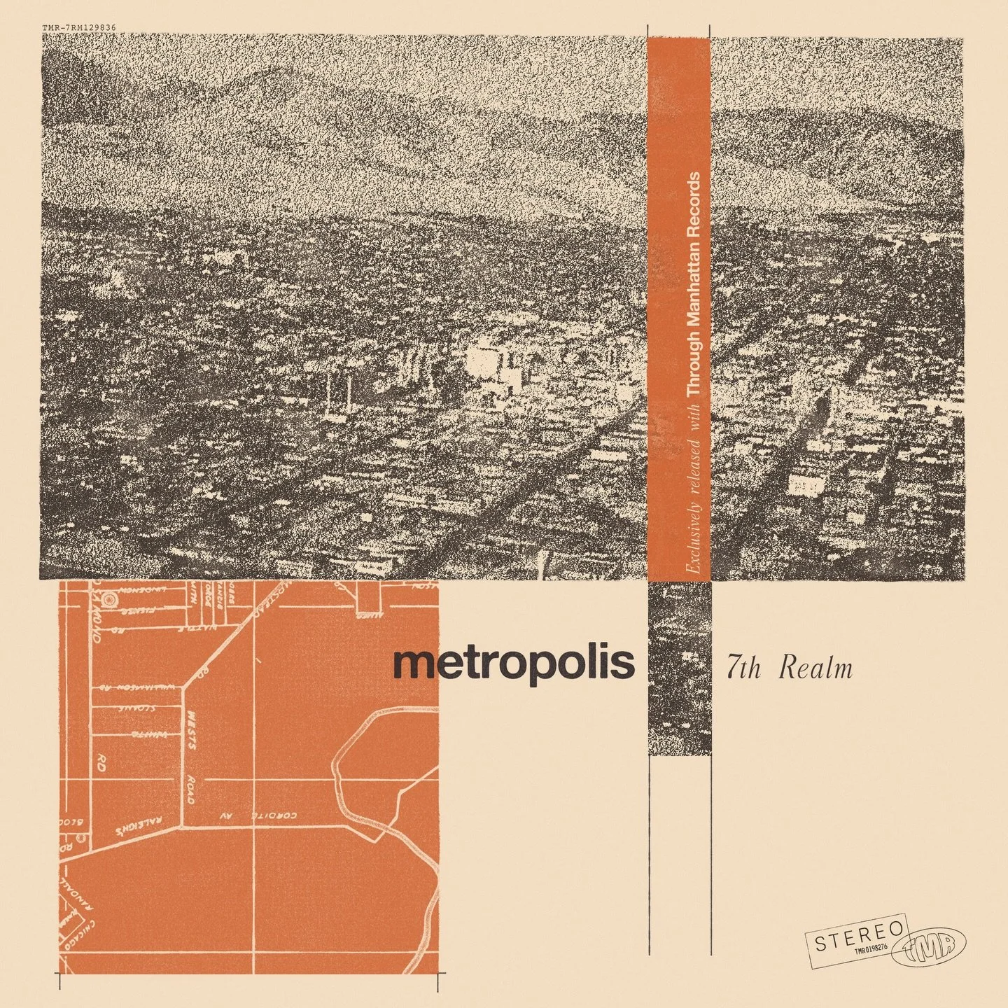 Vintage record album cover for 'Metropolis 7th Realm,' featuring a stylized cityscape or map with orange and black graphics, and text indicating exclusive release through Manhattan Records.