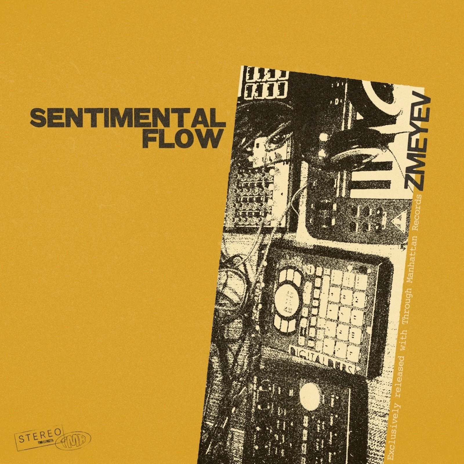 A yellow album cover with bold black text that says 'Sentimental Flow' and a black-and-white image of a DJ setup including turntables and a computer.