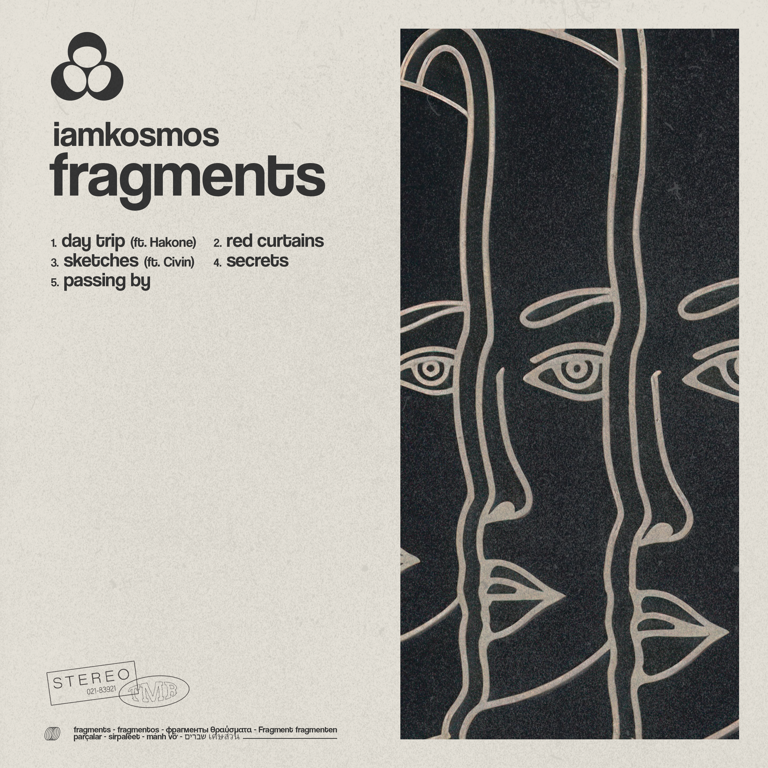 Black and white graphic of a stylized face with abstract lines forming features on a black background. Text on the left includes 'iamkosmos fragments' and a numbered list of phrases, with some words in bold and smaller font, and an additional stamp-l