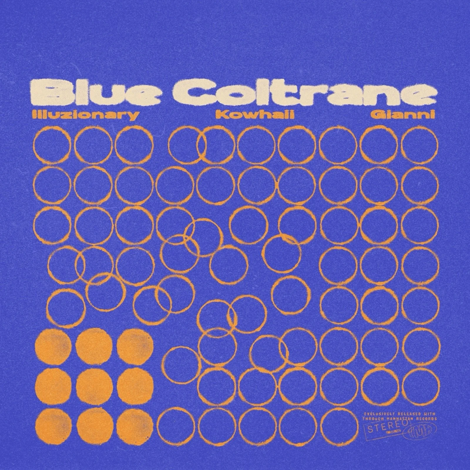 Album cover of Blue Cohn's 'Illuzionary' featuring a blue background with multiple orange rings and white text displaying the artist name 'Blue Cohn' and album title 'Illuzionary' along with additional orange text and a stamp indicating it is a stere
