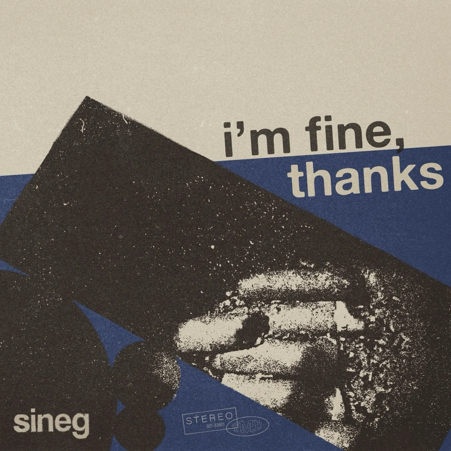 Black and white photograph of a person's face, with the caption 'i'm fine, thanks' in the background.