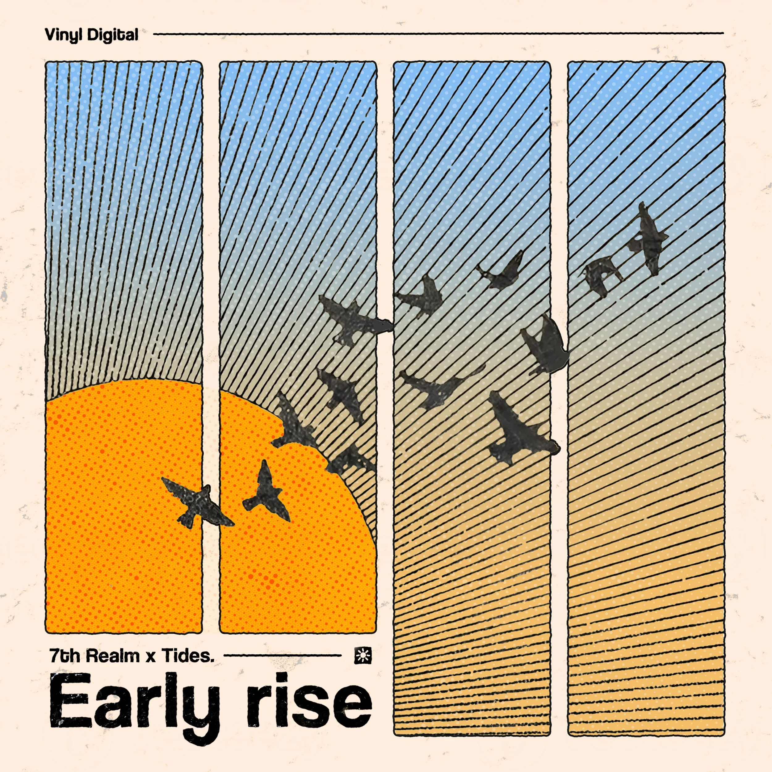 A comic-style illustration showing four vertical panels with a blue background and diagonal lines. The first panel has a red semi-circle at the bottom with small orange dots. The last panel shows black bat silhouettes flying upward. The text below th