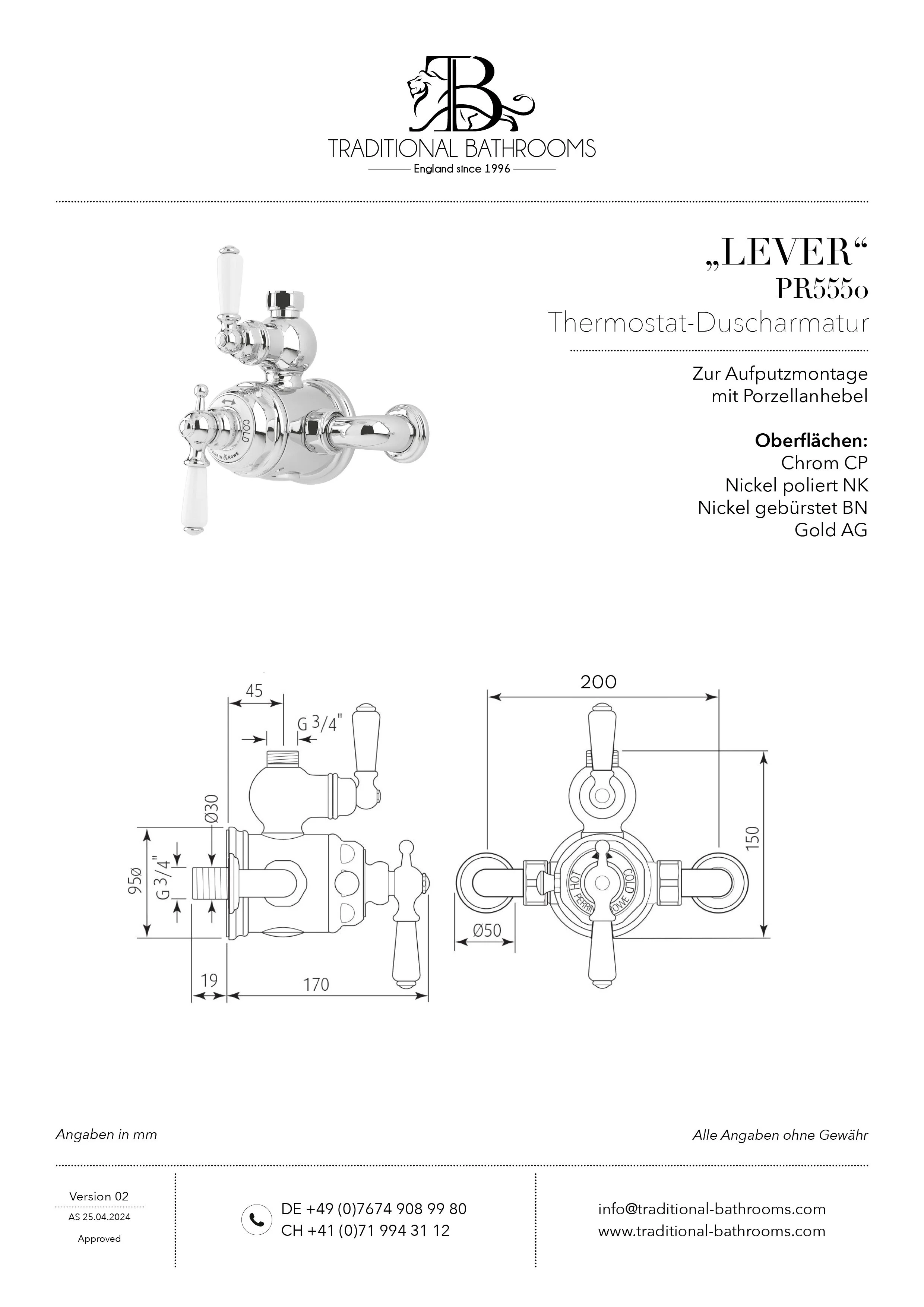 Technisches Datenblatt für Perrin & Rowe PR5550 Thermostat-Duscharmatur LEVER mit weissen Porzellanhebeln, zur Aufputzmontage.