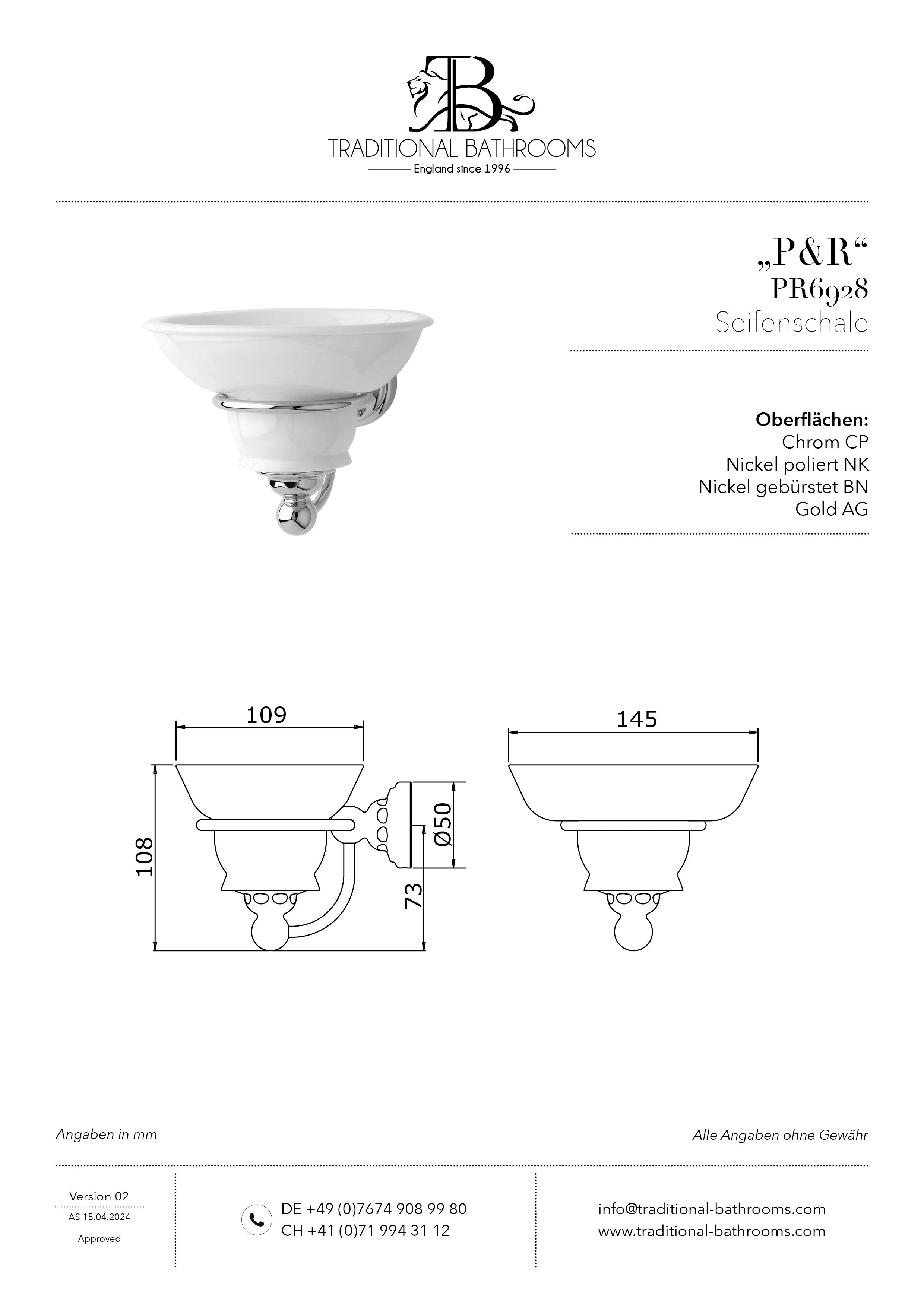 Technisches Datenblatt für Perrin & Rowe PR6928 Seifenschale aus feinem Porzellan mit Messing-Wandhalterung