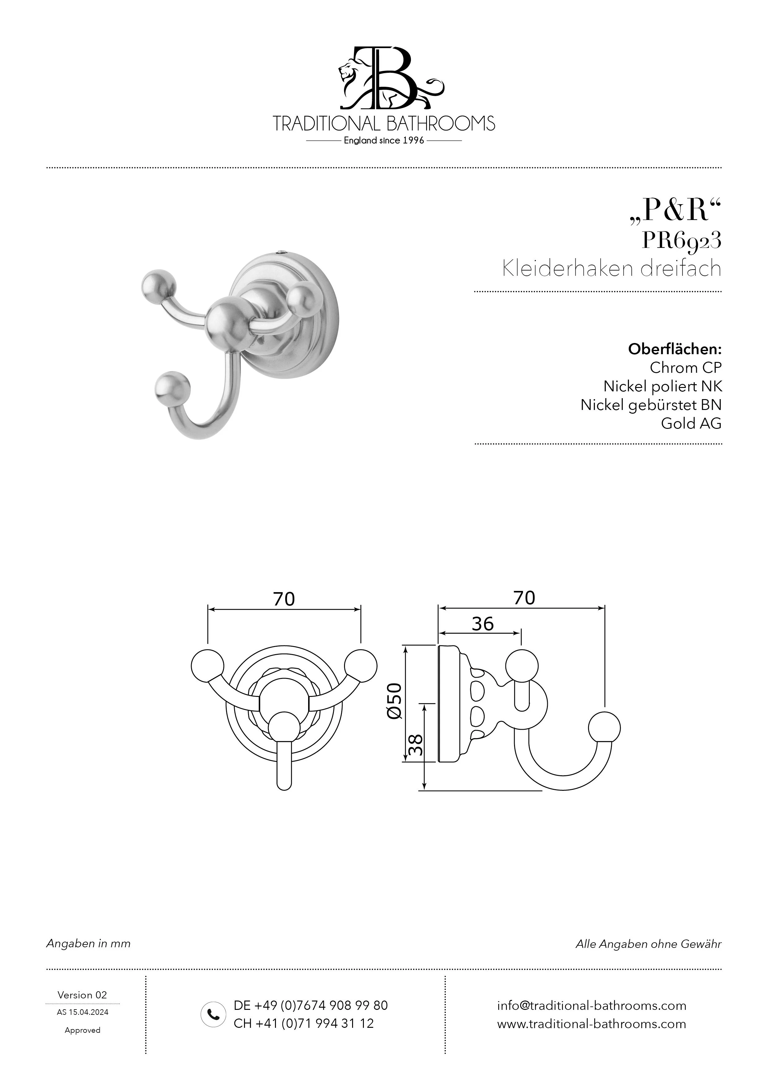 Technisches Datenblatt für Perrin & Rowe PR6923 Kleiderhaken, dreifach.