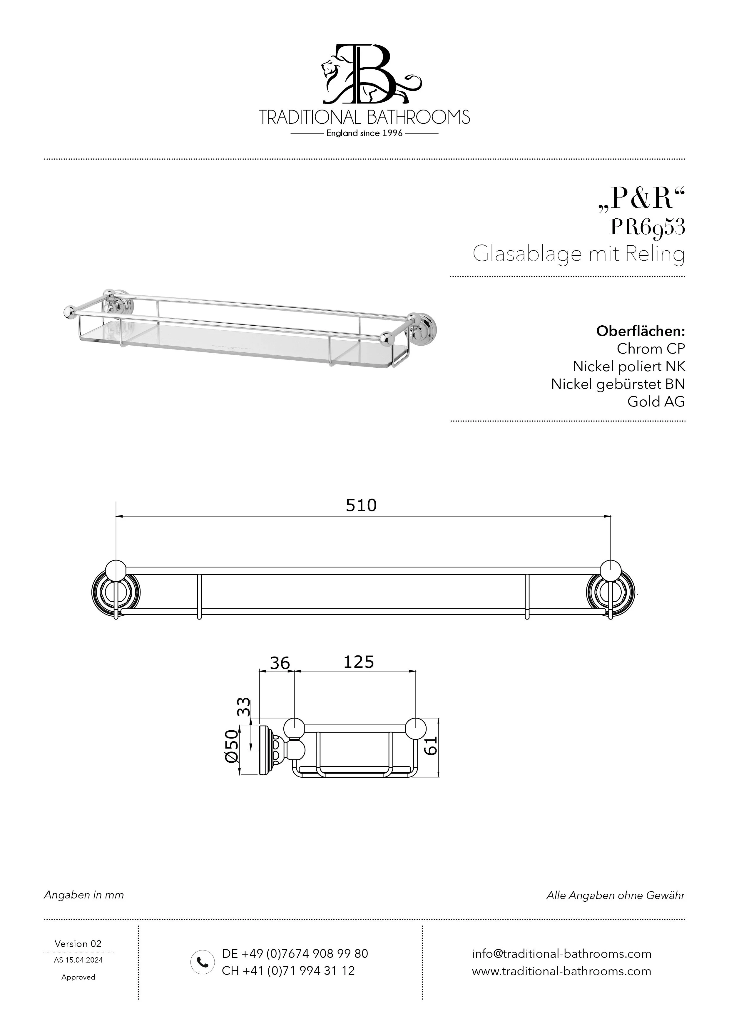 Technisches Datenblatt für Perrin & Rowe PR6953 Glas-Ablage mit Reling, Länge: 560mm.
