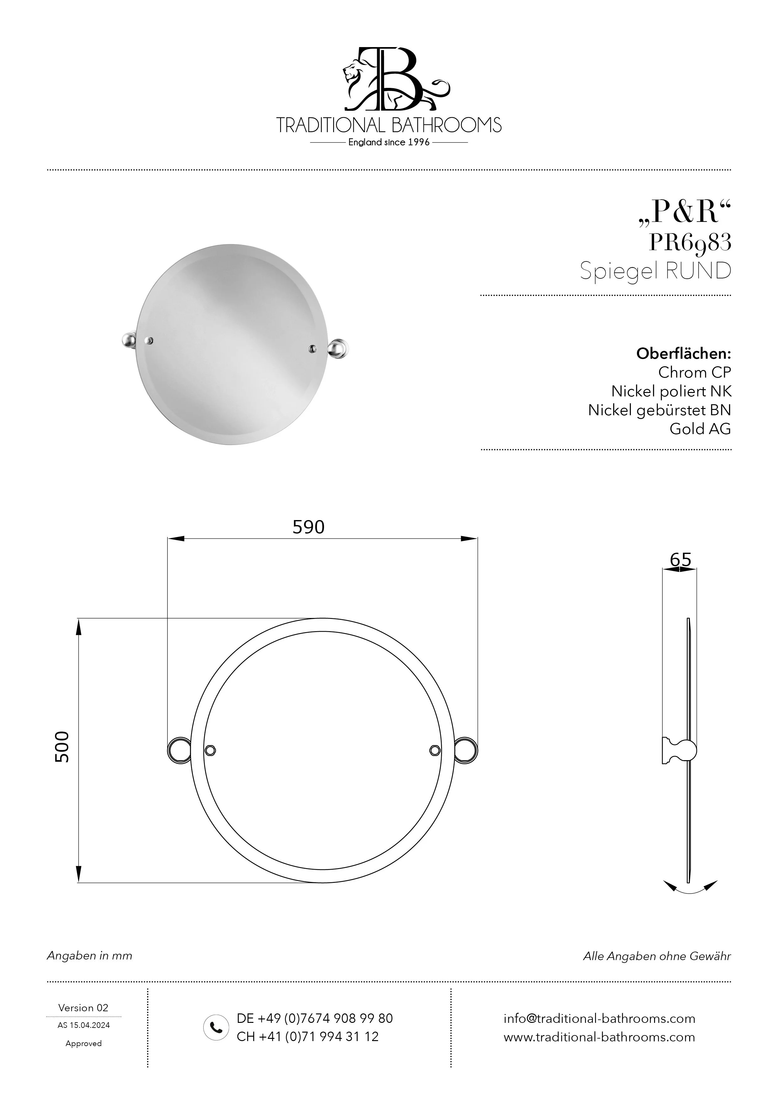 PR6983 Technisches Datenblatt Perrin & Rowe Spiegel RUND mit Facettenschliff, Spiegelgrösse: Ø 500mm Gesamtgrösse: H500 x B590mm, kippbare Wandhalterungen