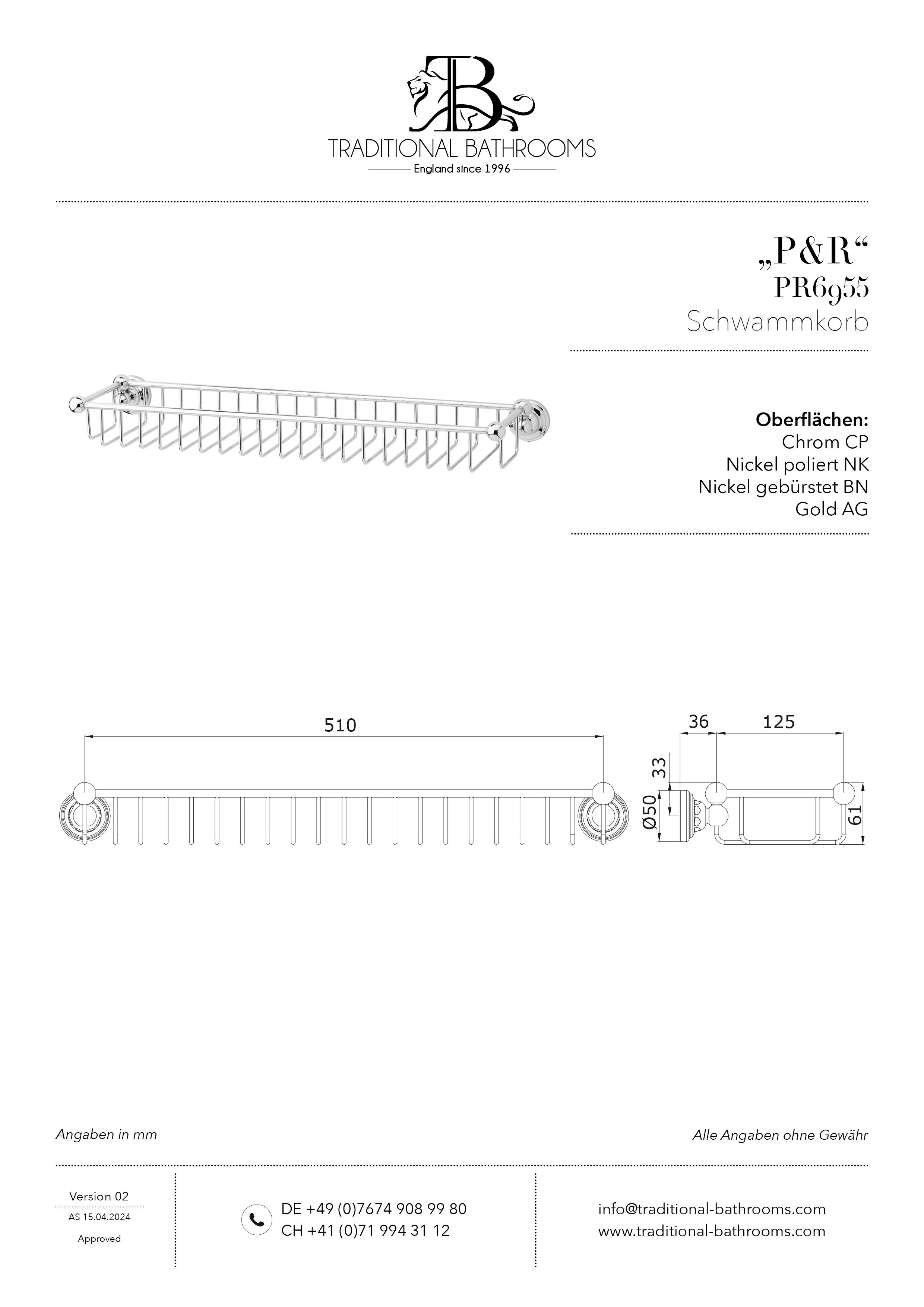 Technisches Datenblatt für PR6955 Perrin & Rowe Schwammkorb, Länge 560mm. Für Liebhaber handgefertigter Manufakturqualität und zeitlosen Designs.