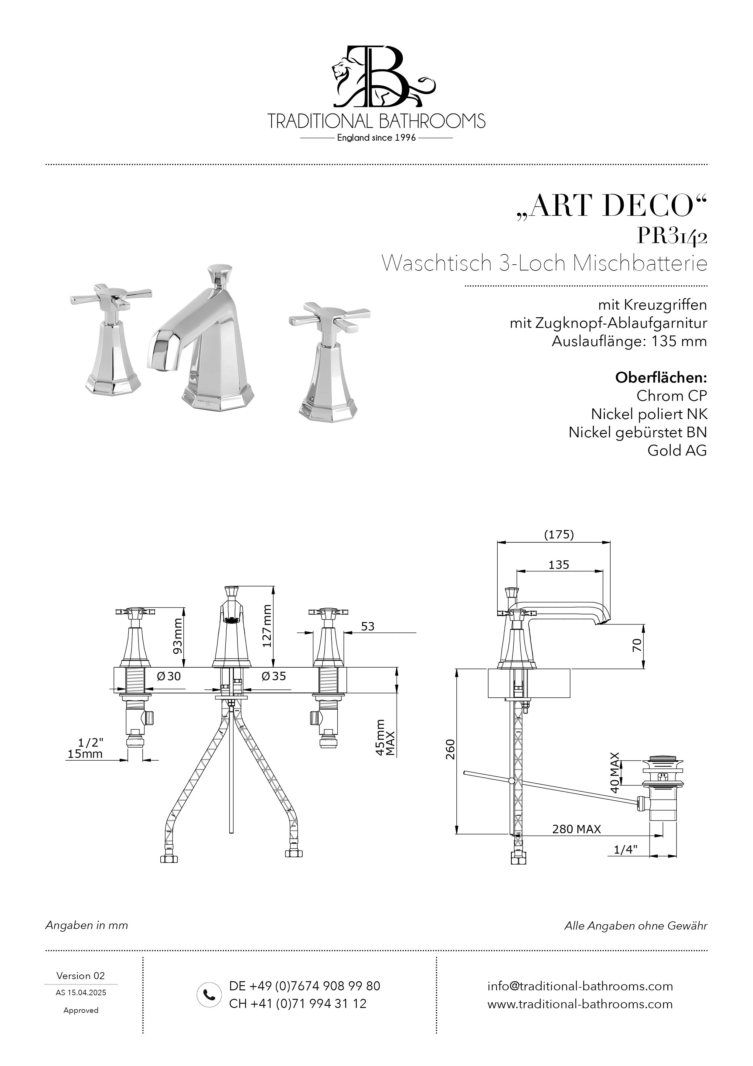 Technisches Datenblatt für Perrin & Rowe PR3142 ART DECO Waschtisch 3-Loch Mischbatterie mit Kreuzgriffen, inkl. Zugknopf-Ablaufgarnitur.