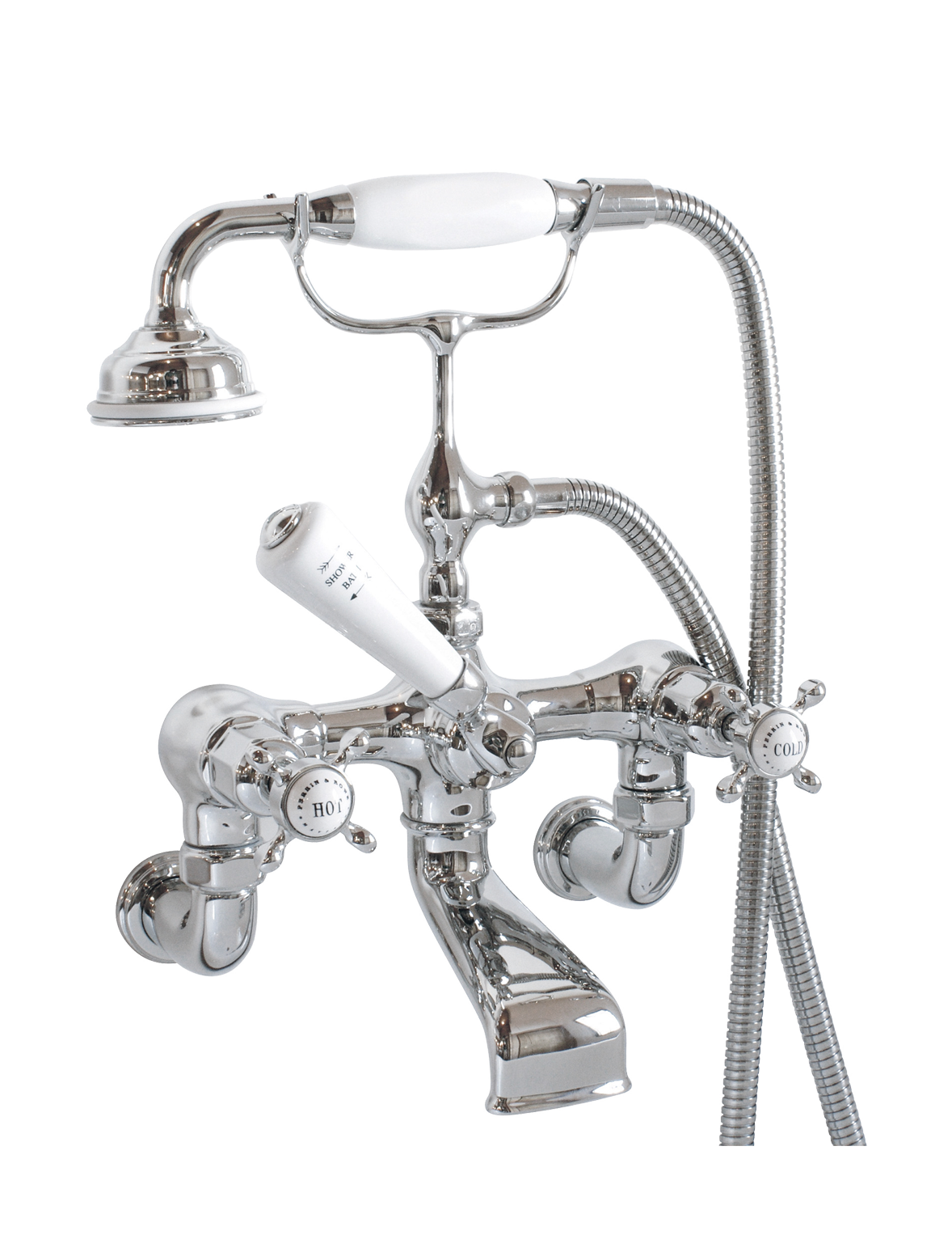 Perrin & Rowe PR3511/1 CROSSHEAD  ¾“ Wannenfüll- und Brausearmatur mit Kreuzgriffen, Umschalter mit weissem Porzellanhebel, zur Wandmontage.