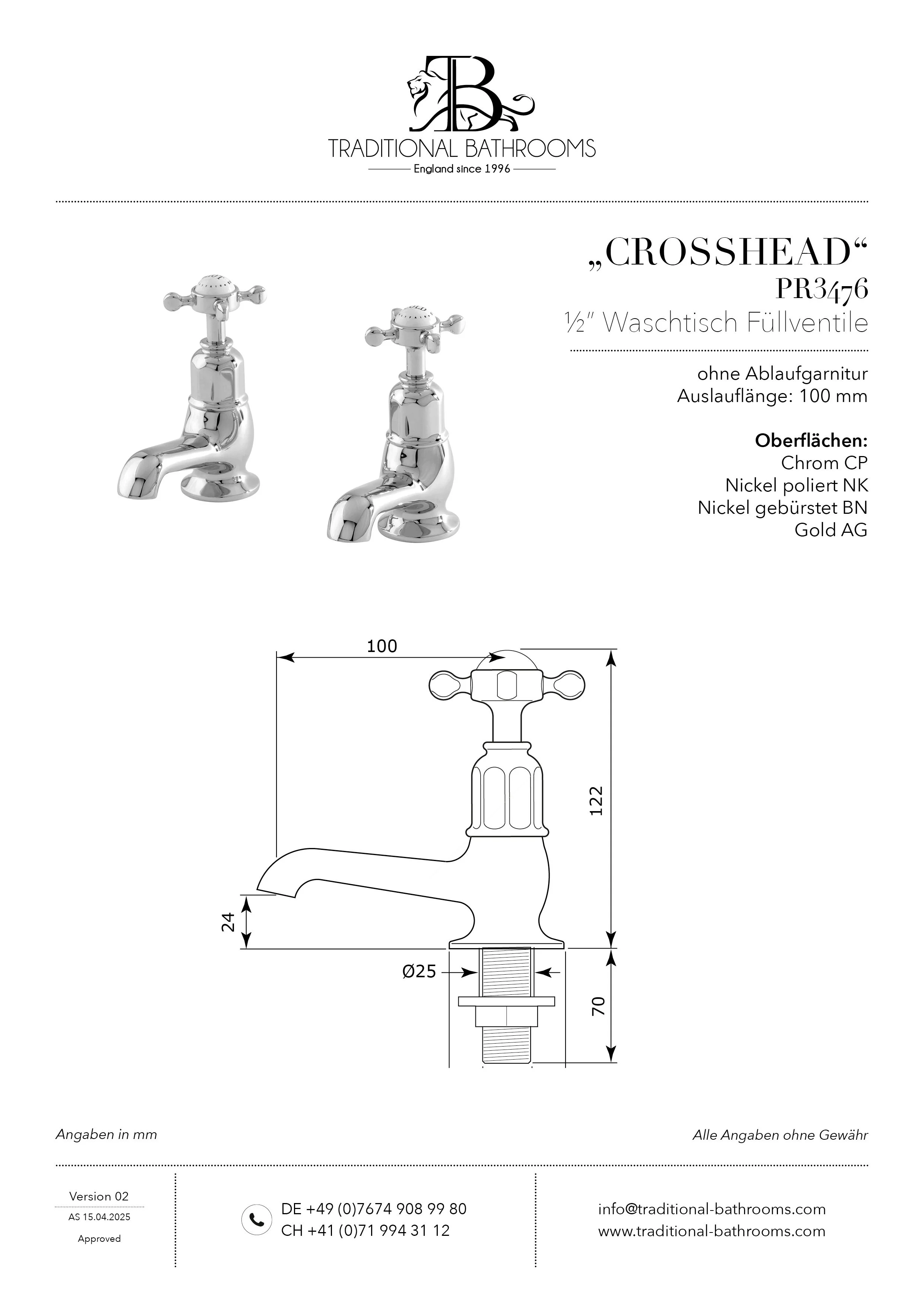 Technisches Datenblatt für Perrin & Rowe PR3476 CROSSHEAD ½“ Waschtisch-Füllventile mit Kreuzfgriffen.