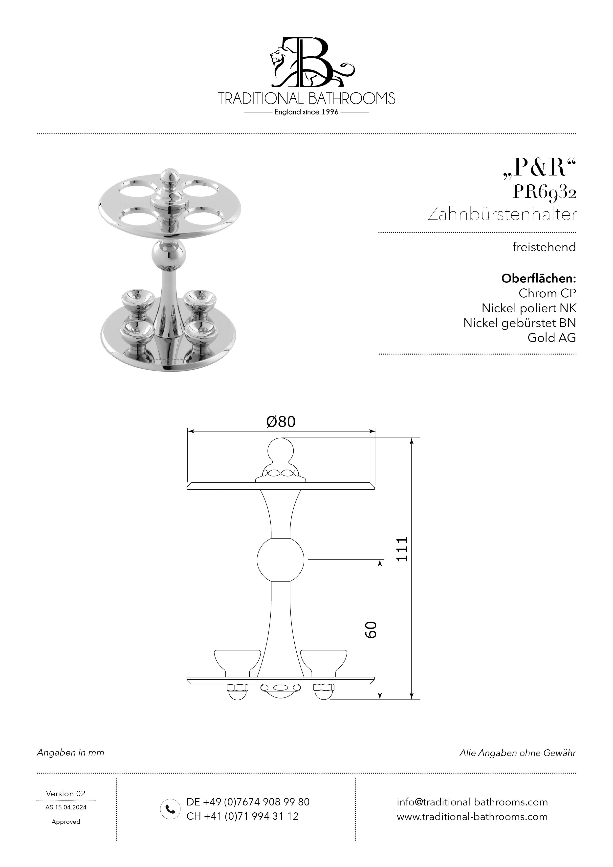 Technisches Datenblatt für Perrin & Rowe PR6932 Zahnbürstenhalter aus hochwertigem Messing gefertigt, freistehend