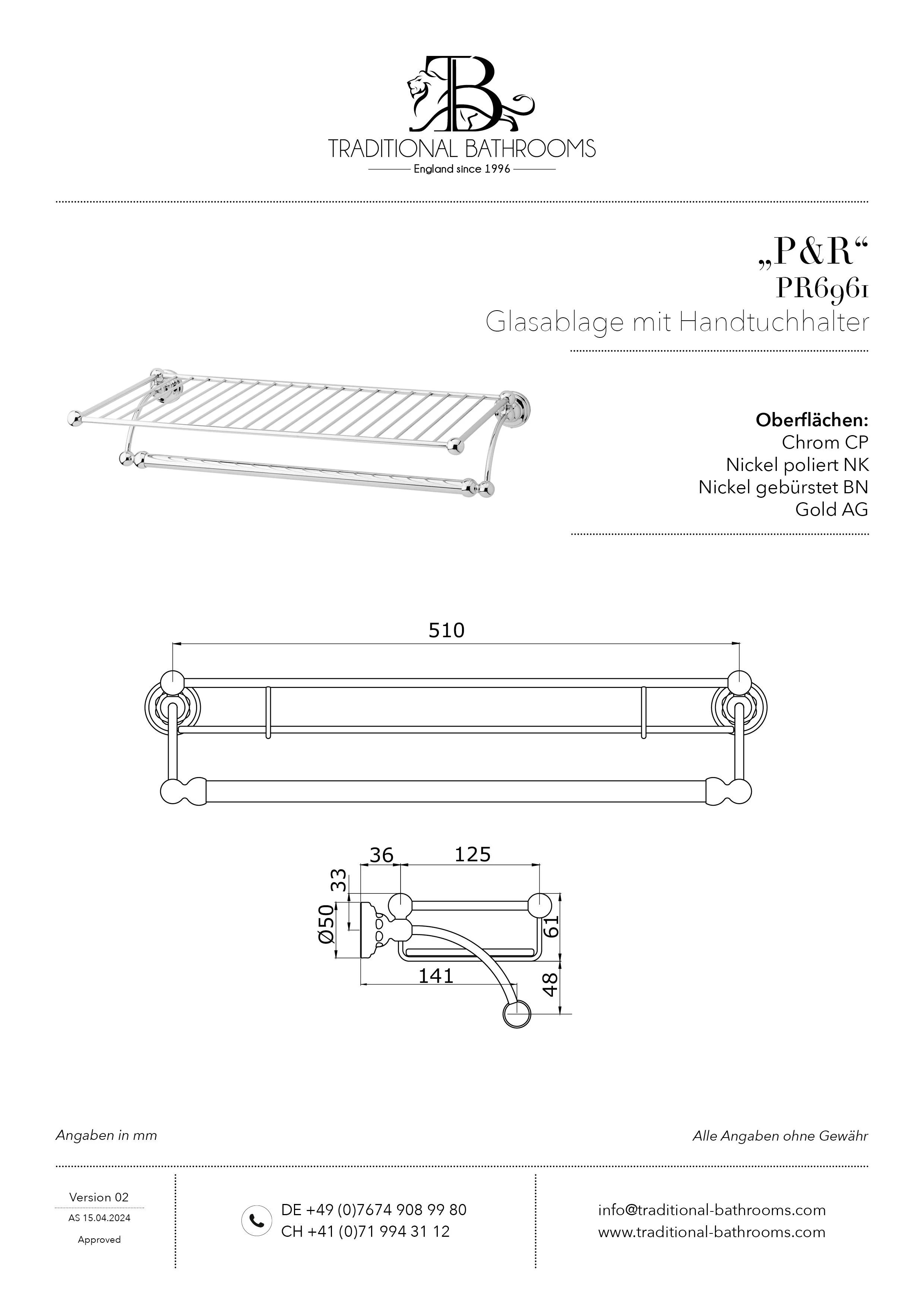 Technisches Datenblatt für Perrin & Rowe PR6961 Handtuchablage-/Halter zur Wandmontage.