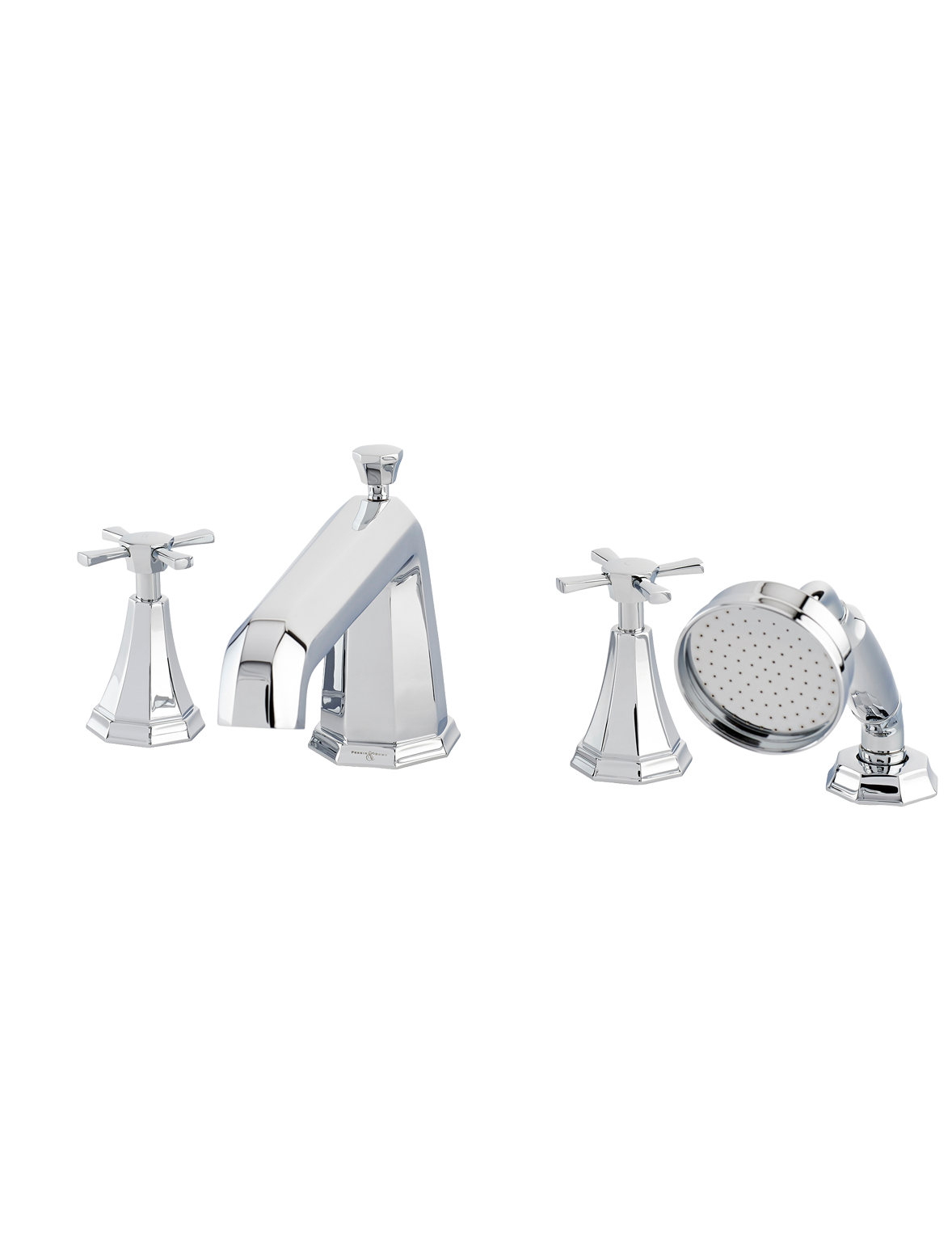 Perrin & Rowe PR3149 ART DECO ¾“ Badewannen 4-Loch Kombination mit Kreuzgriffen, zur Wannenrandmontage.