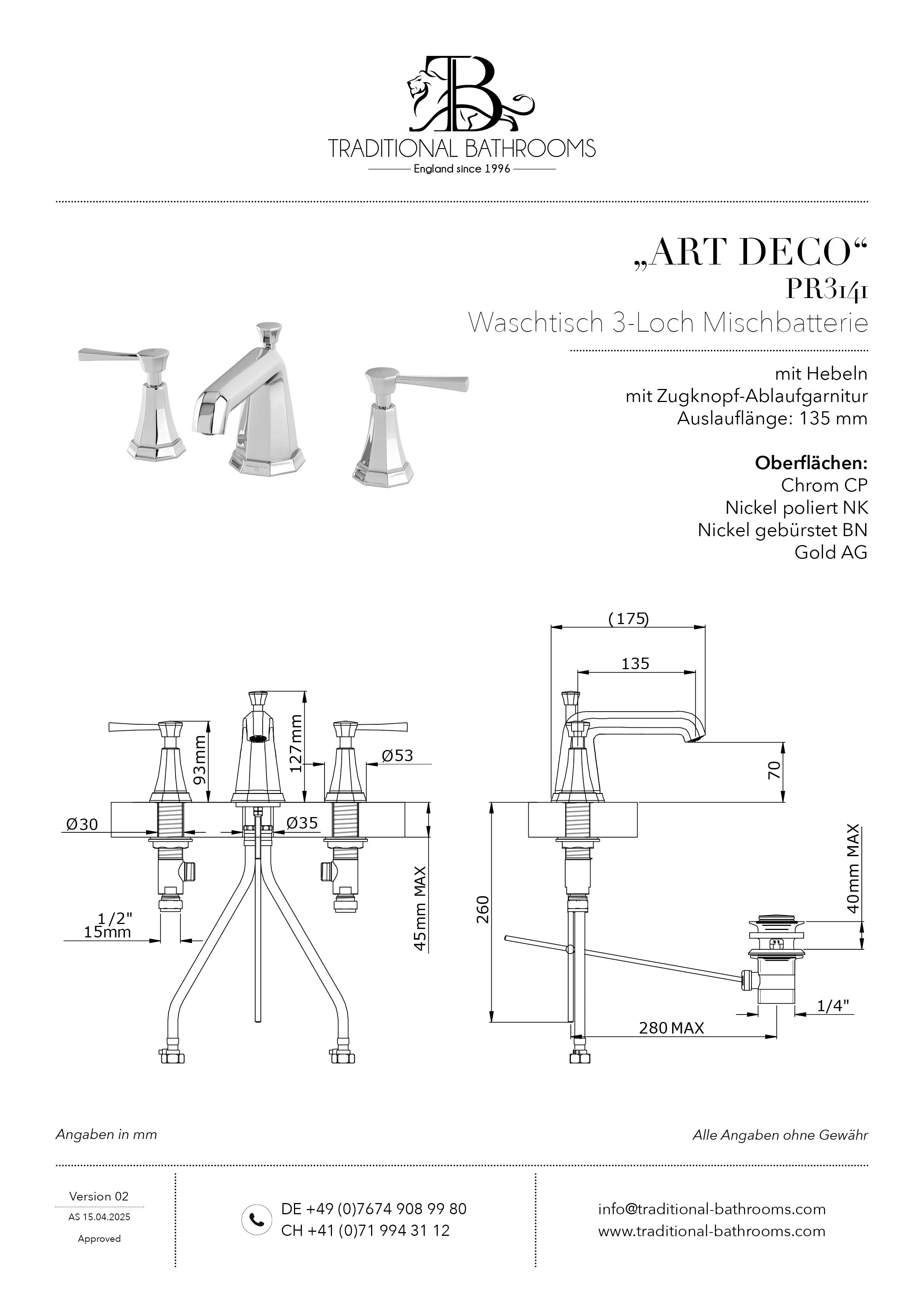 Technisches Datenblatt für Perrin & Rowe PR3141 ART DECO Waschtisch 3-Loch Mischbatterie mit Hebeln, inkl. Zugknopf-Ablaufgarnitur.