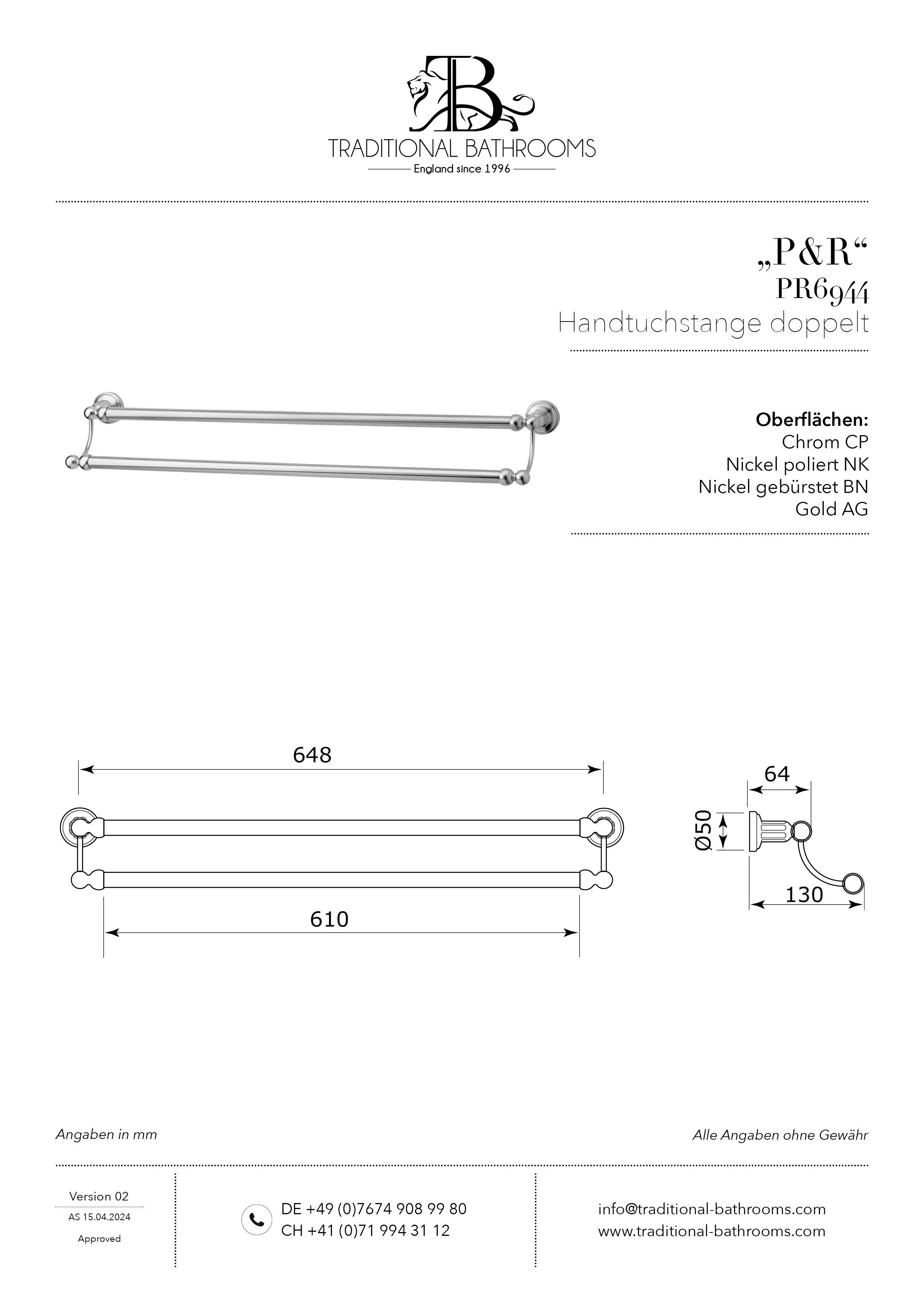 Technisches Datenblatt für Perrin & Rowe PR6944 Handtuchhalter, doppelt, Länge: 700mm.