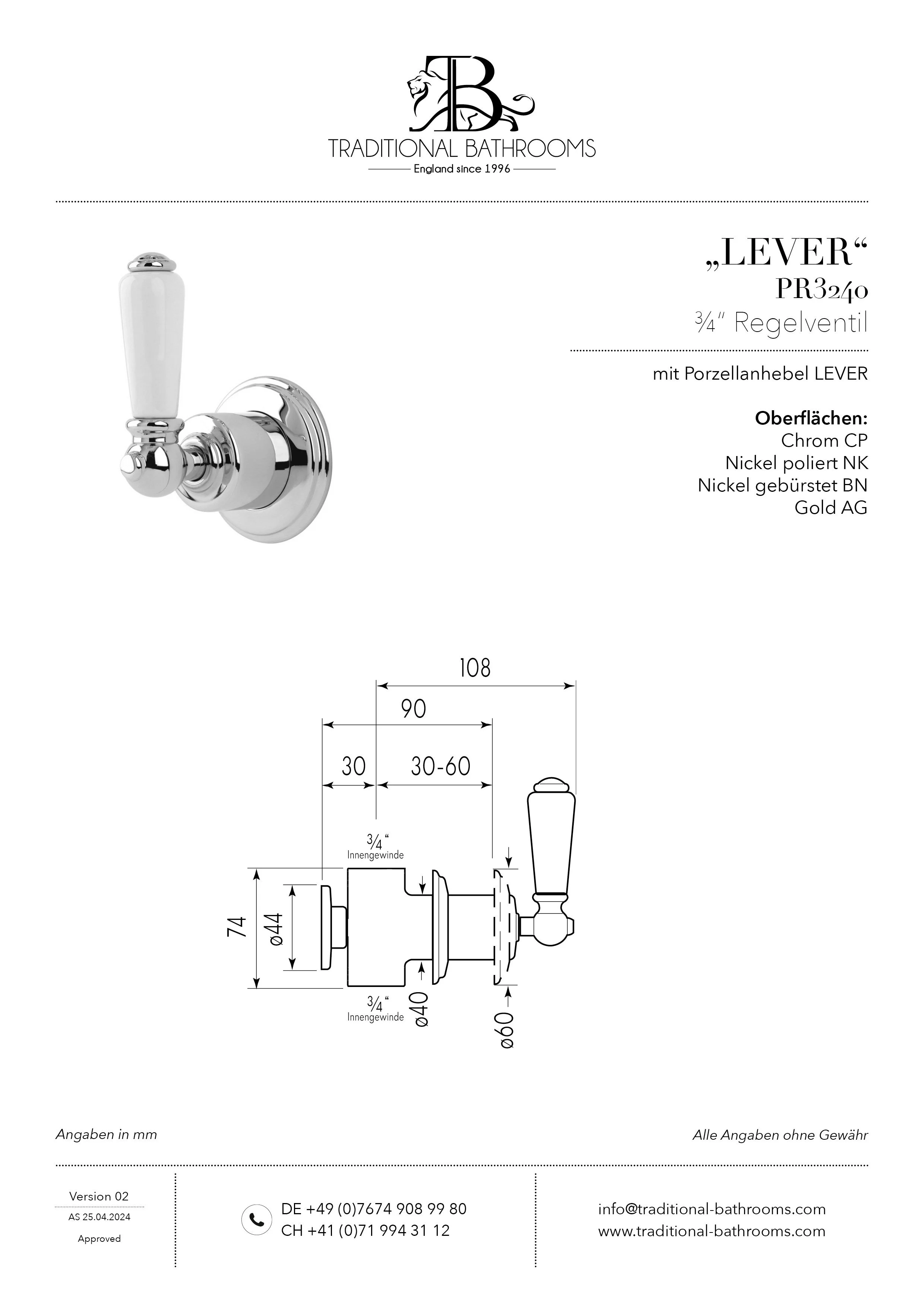 Technisches Datenblatt für Perrin & Rowe PR3240 3/4“ Regelventil mit Porzellanhebel LEVER, zur Unterputzmontage.